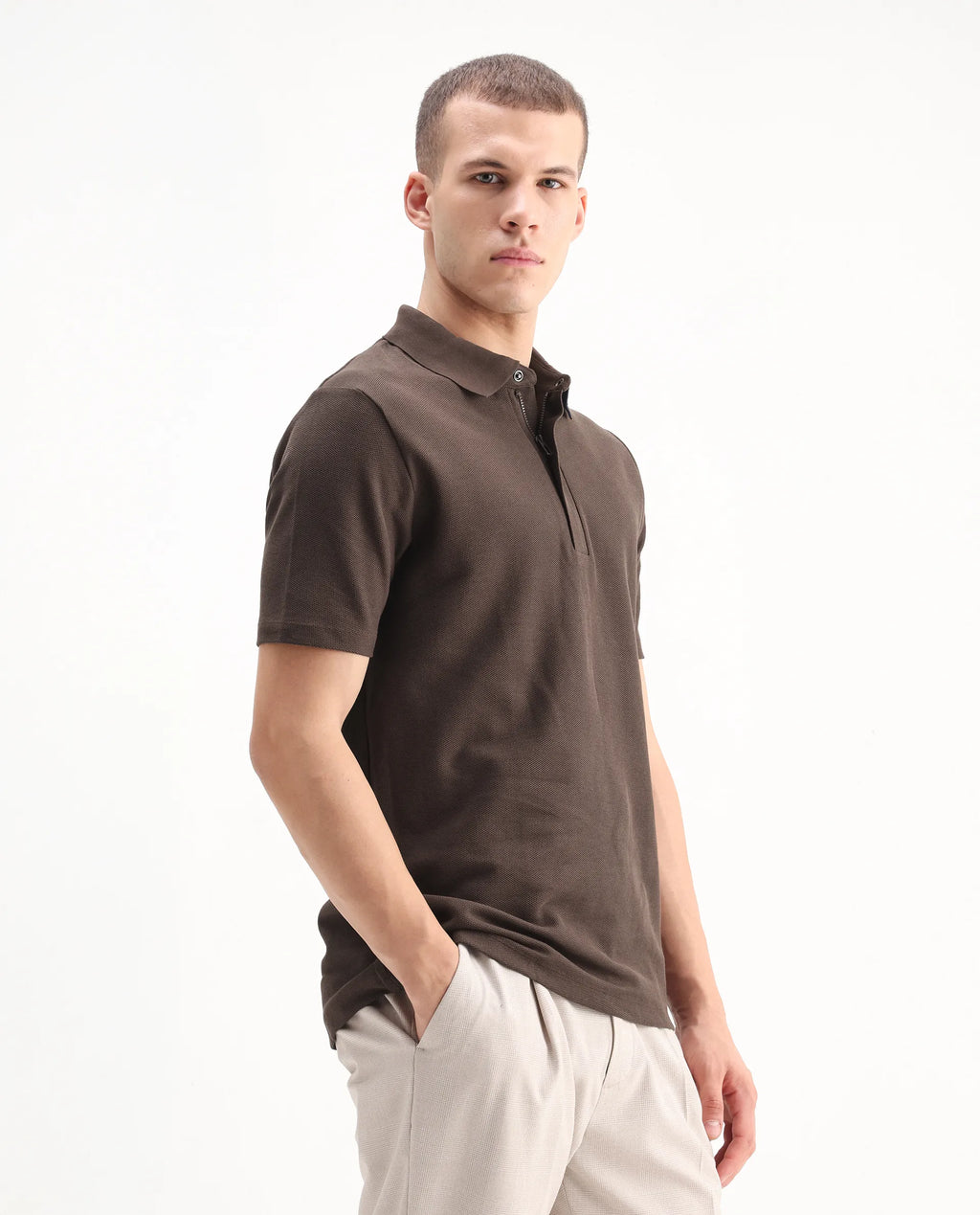 Rare Rabbit Men's Crin Brown Cotton Plain Regular Fit Half Sleeve Polo