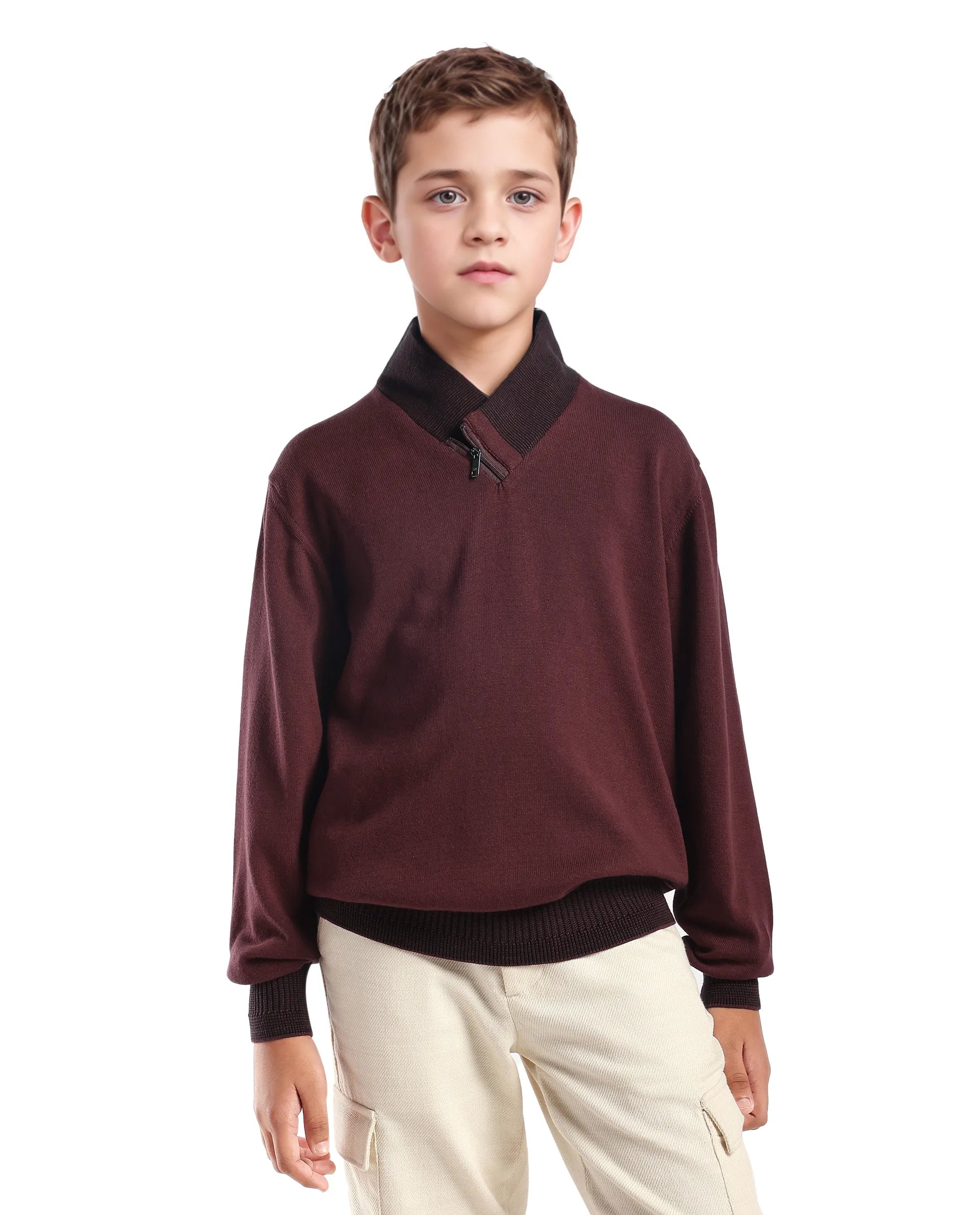 Rare Ones Kids Denv-25 Dark Maroon Cotton Solid Zipper Closure Regular Fit Sweater