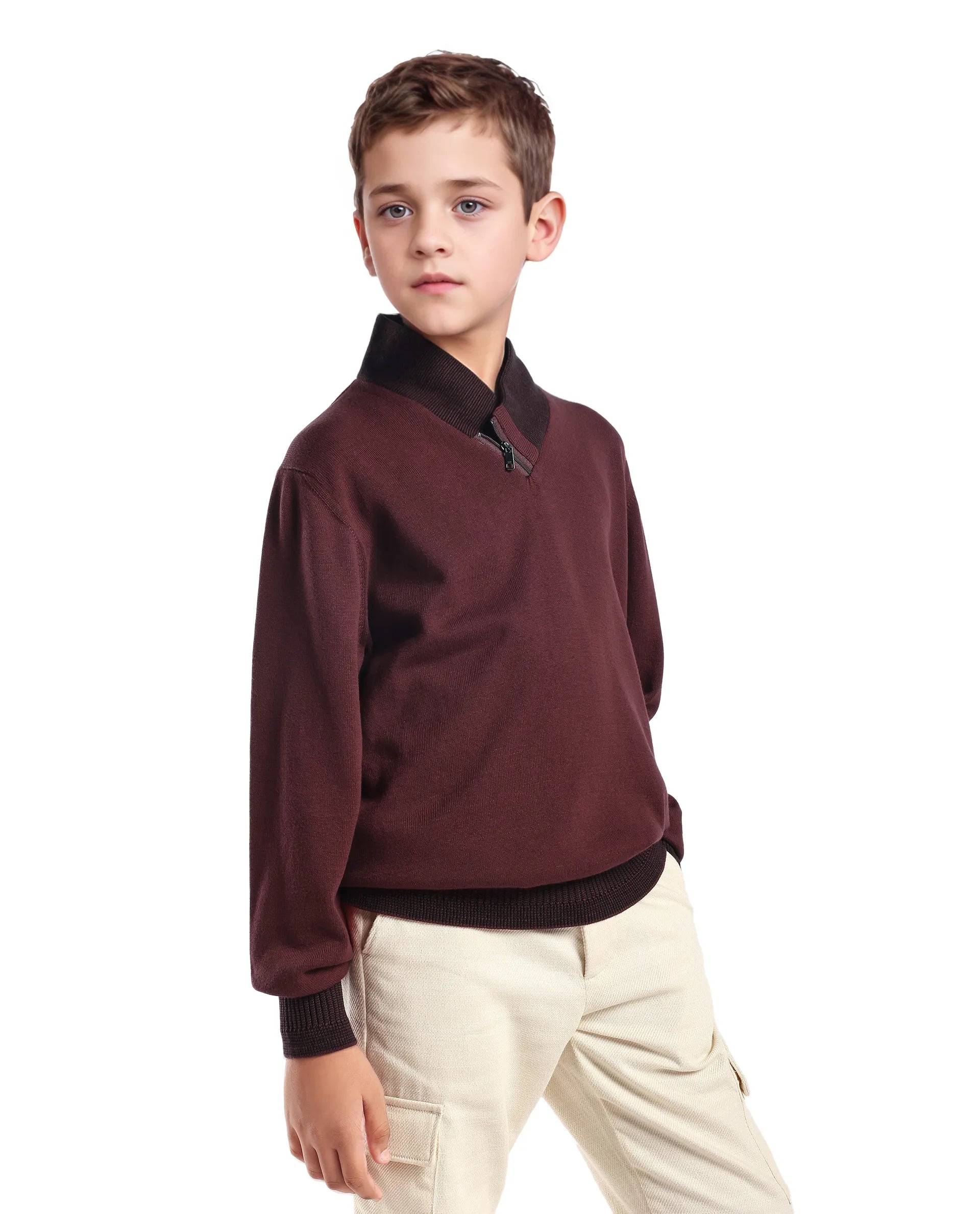 Rare Ones Kids Denv-25 Dark Maroon Cotton Solid Zipper Closure Regular Fit Sweater