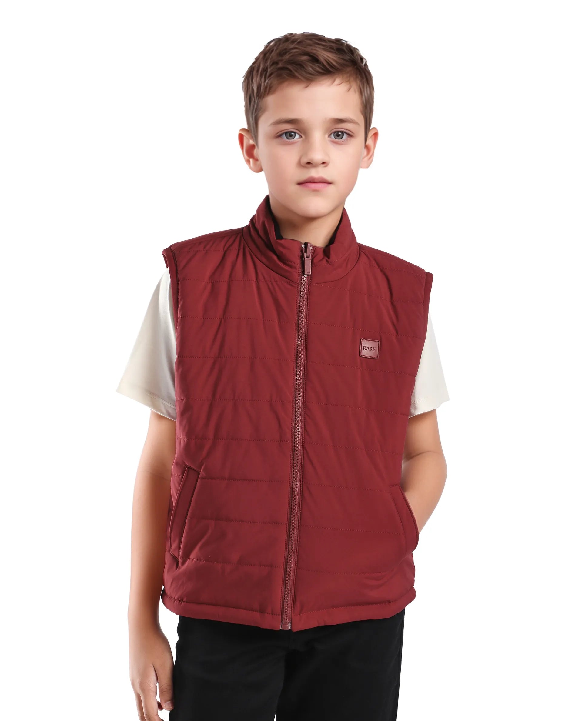 Rare Ones Kids Derry-K Red Polyester Zipper Closure High Neck Plain Sleeveless Regular Fit Jacket