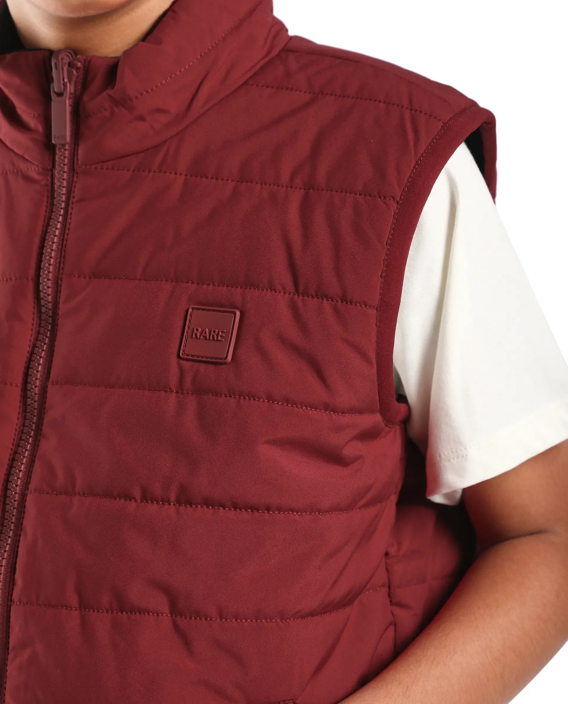 Rare Ones Kids Derry-K Red Polyester Zipper Closure High Neck Plain Sleeveless Regular Fit Jacket