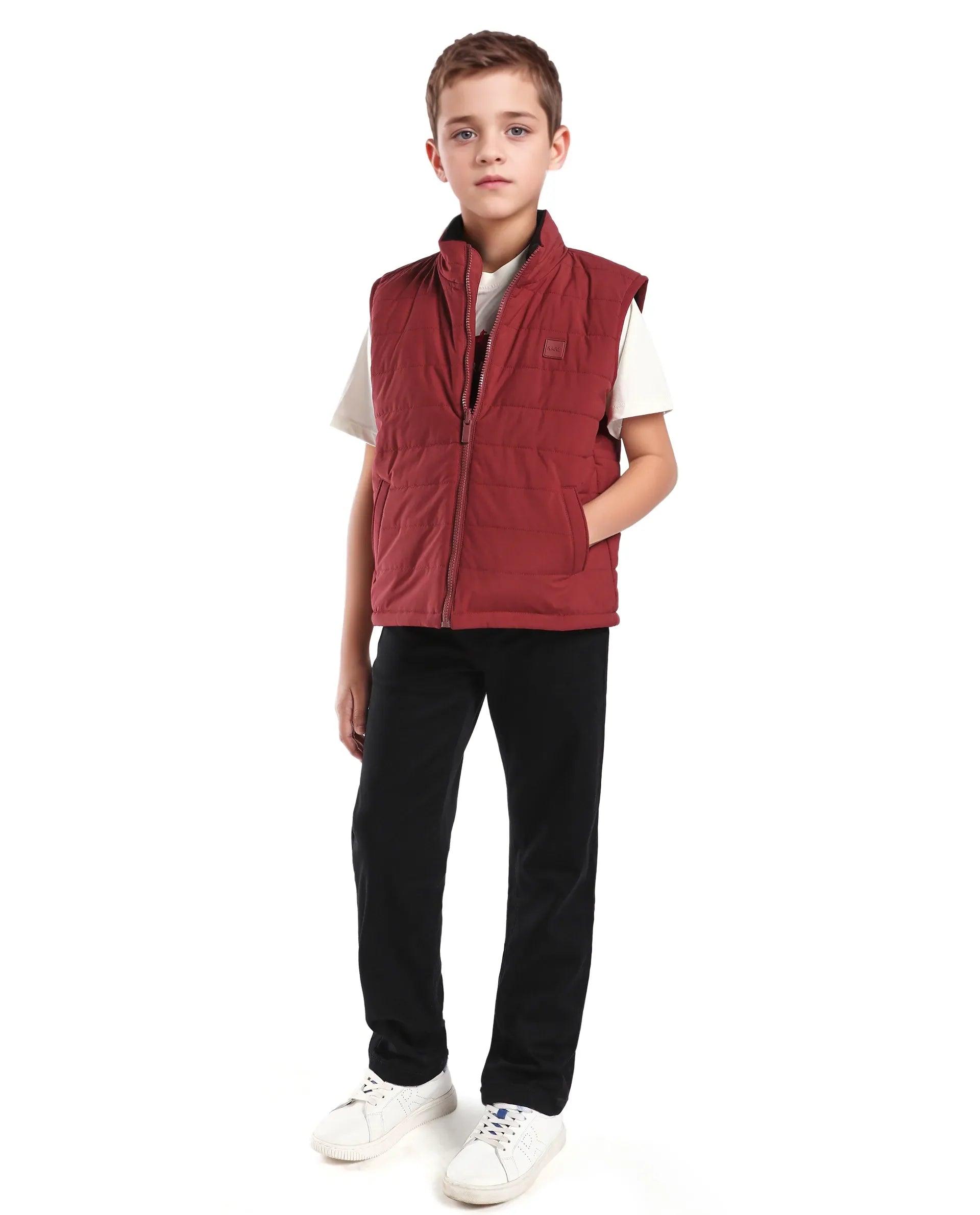 Rare Ones Kids Derry-K Red Polyester Zipper Closure High Neck Plain Sleeveless Regular Fit Jacket