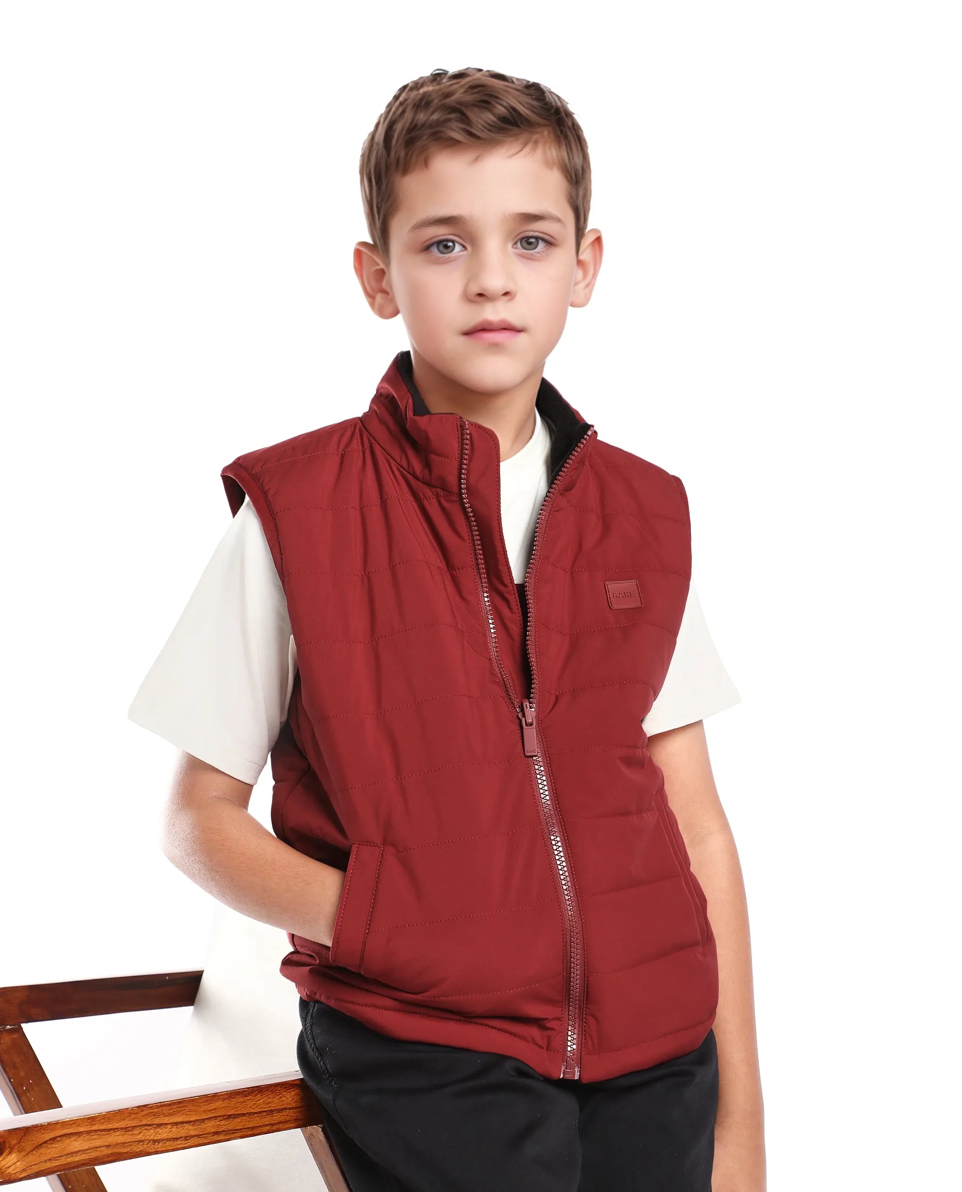 Rare Ones Kids Derry-K Red Polyester Zipper Closure High Neck Plain Sleeveless Regular Fit Jacket