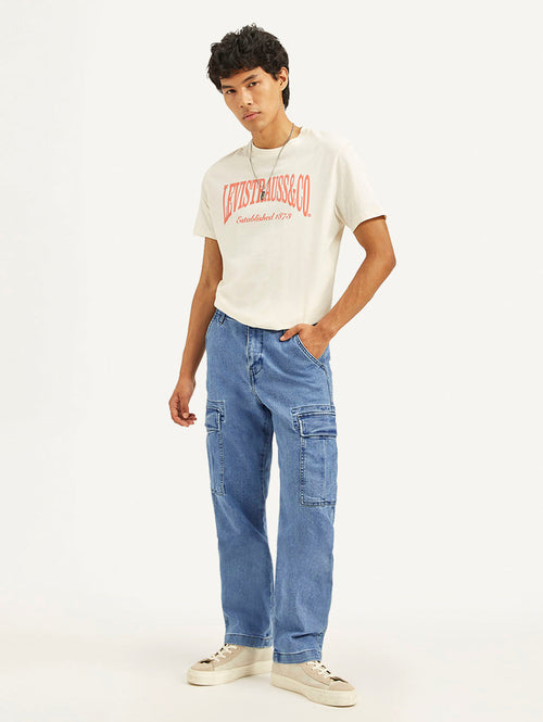 Men's Blue Straight Fit Mid Rise Cargo Jeans