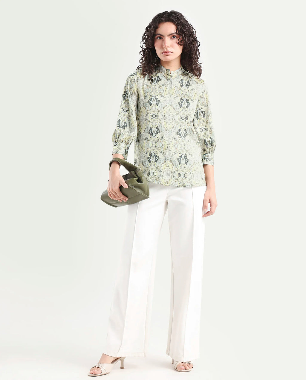 Rareism Women's Epsea Multi Satin Paisley Print Cuffed Sleeve Regular Fit Top