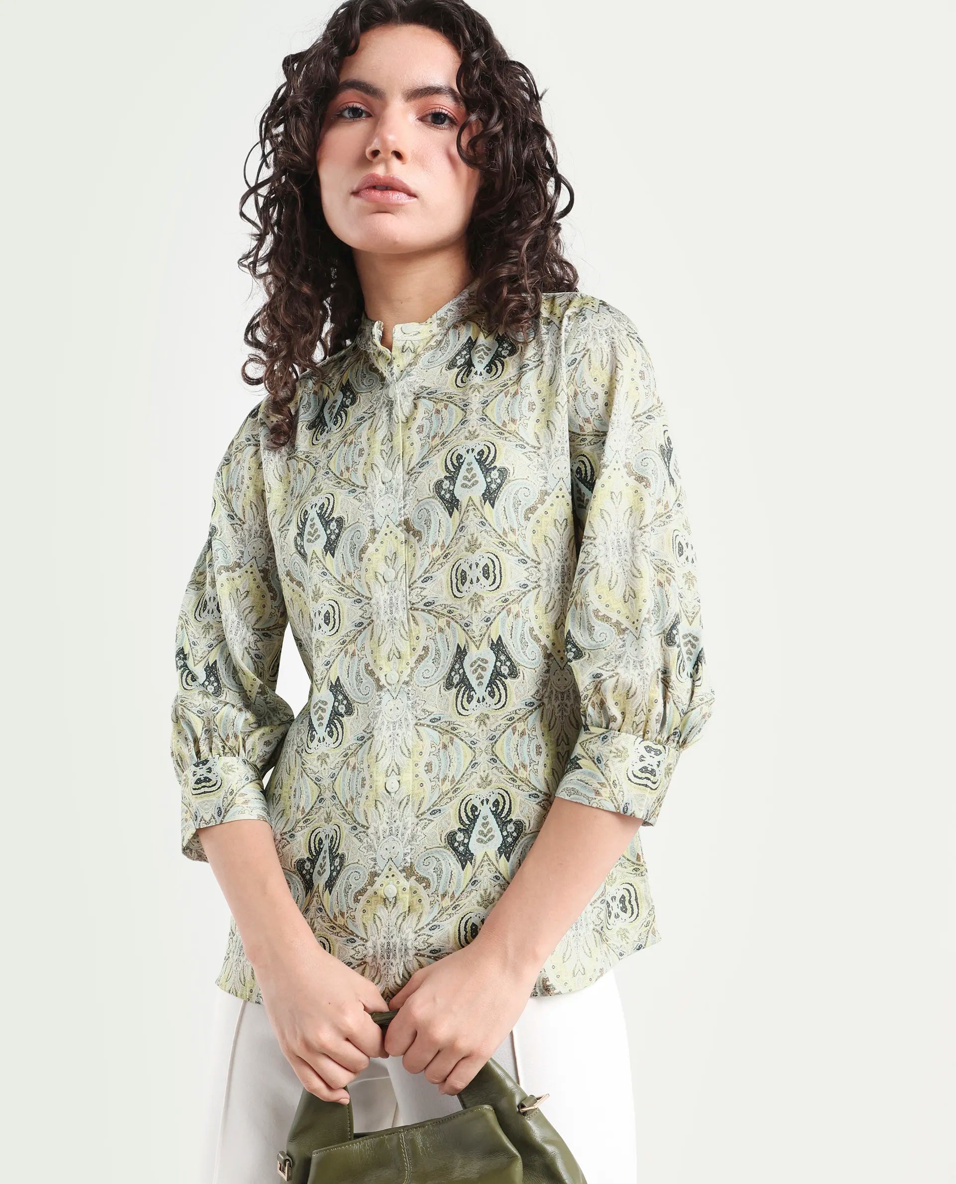 Rareism Women's Epsea Multi Satin Paisley Print Cuffed Sleeve Regular Fit Top