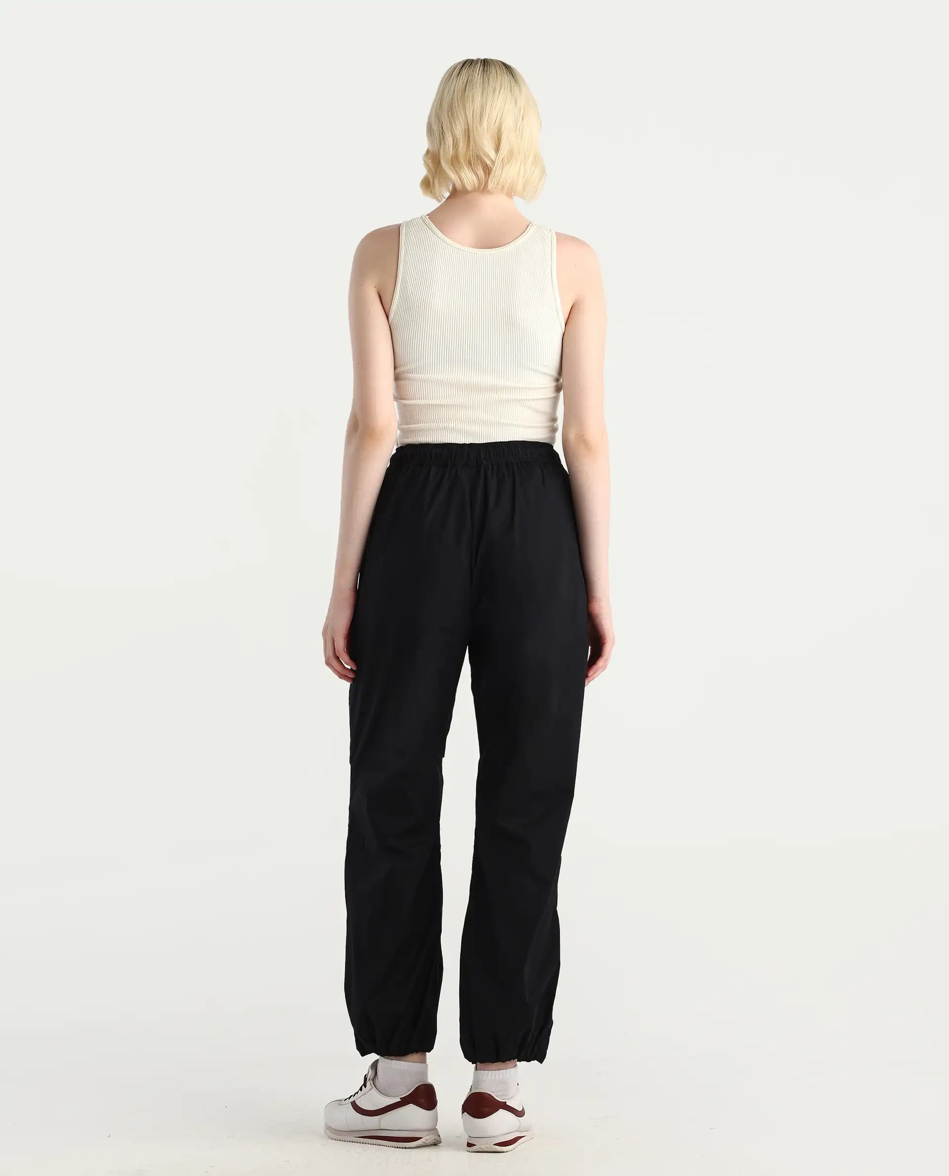 Rareism Women's Epwor Black Cotton Blend Plain Ankle Length Baggy Trouser