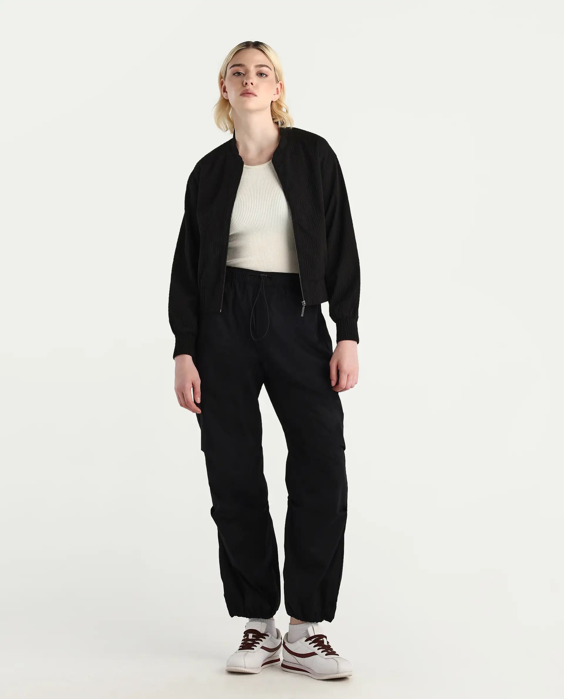 Rareism Women's Epwor Black Cotton Blend Plain Ankle Length Baggy Trouser
