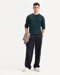 Rare Rabbit Men's Essot Navy Cotton Blend Plain Baggy Fit Trouser