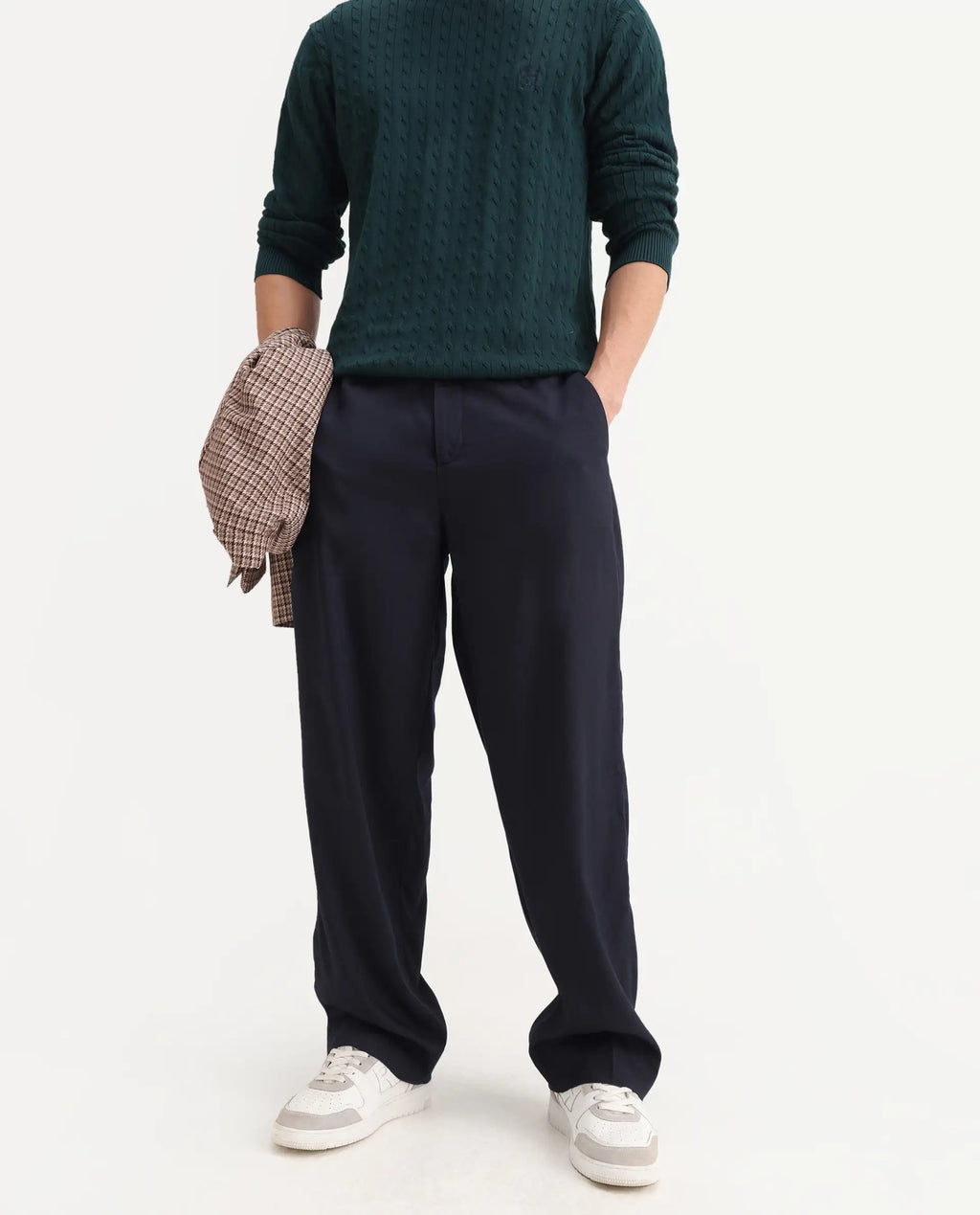 Rare Rabbit Men's Essot Navy Cotton Blend Plain Baggy Fit Trouser