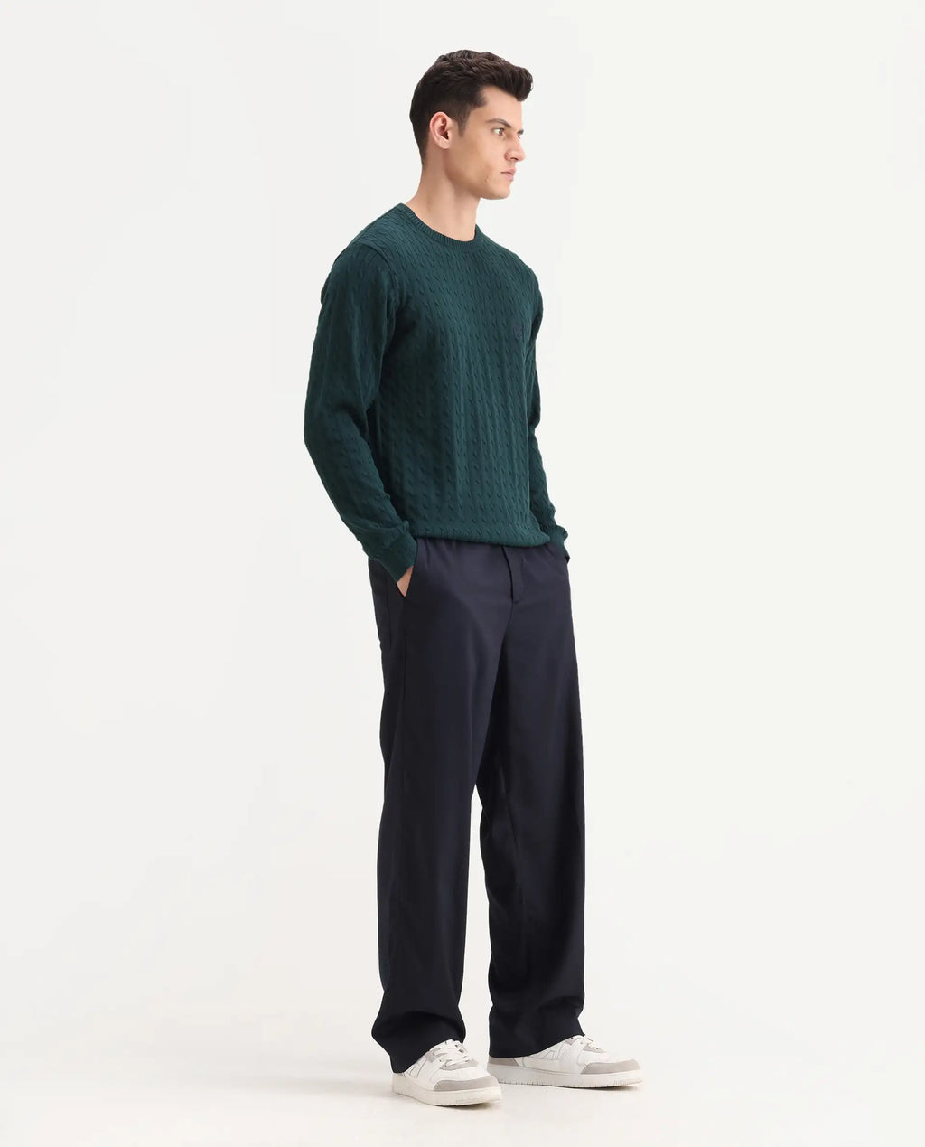 Rare Rabbit Men's Essot Navy Cotton Blend Plain Baggy Fit Trouser