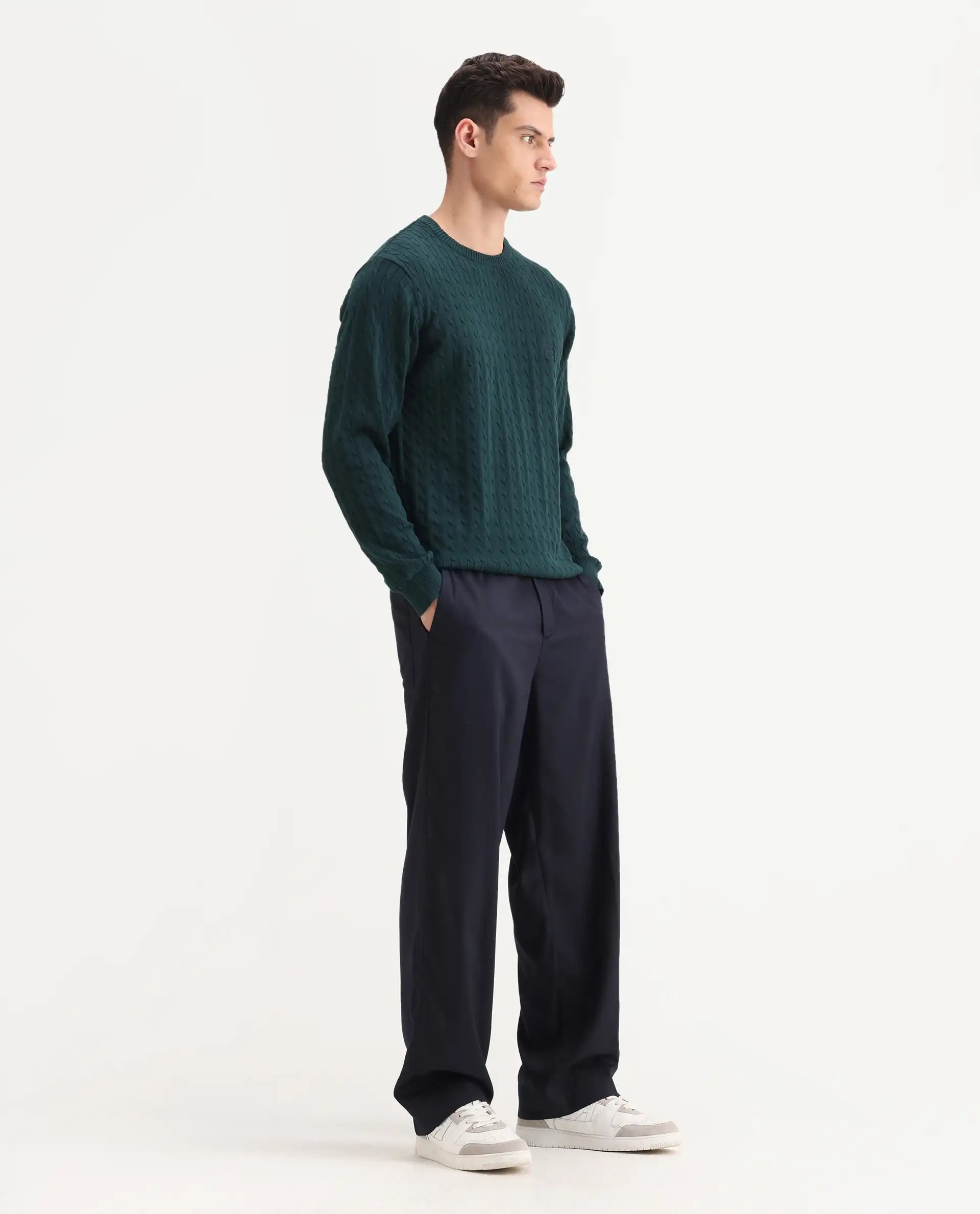 Rare Rabbit Men's Essot Navy Cotton Blend Plain Baggy Fit Trouser