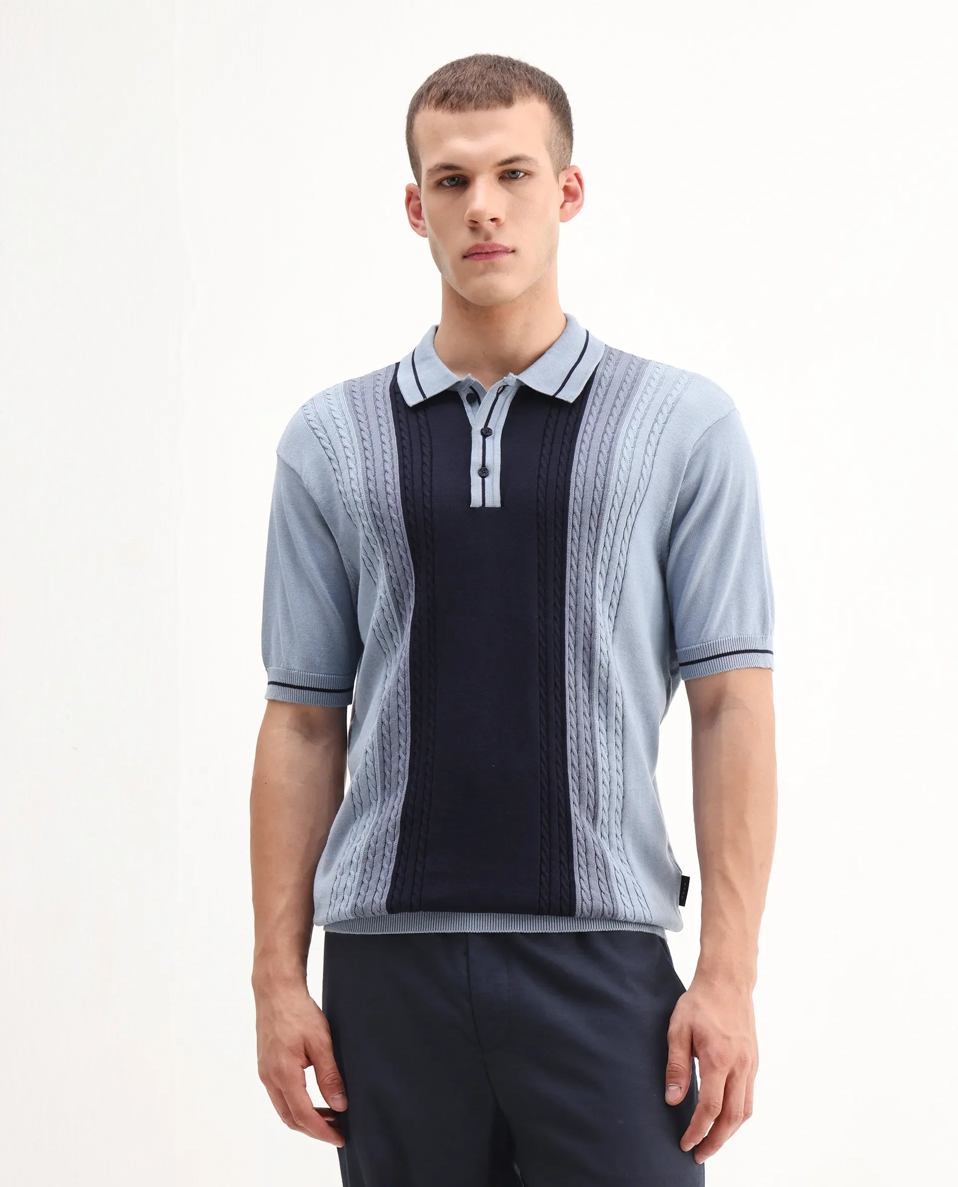 Rare Rabbit Men's Giff Dusky Blue Cotton Textured Regular Fit Half Sleeve Polo