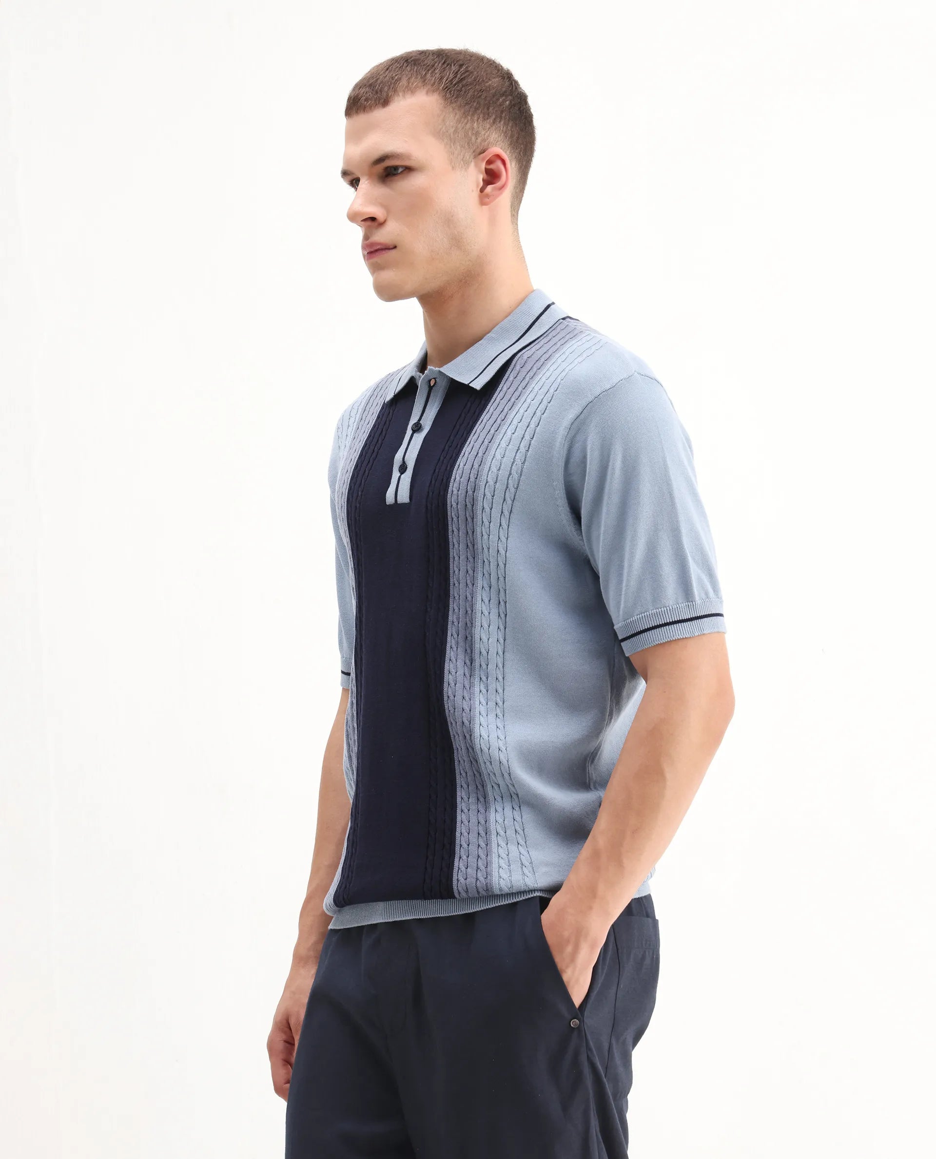 Rare Rabbit Men's Giff Dusky Blue Cotton Textured Regular Fit Half Sleeve Polo