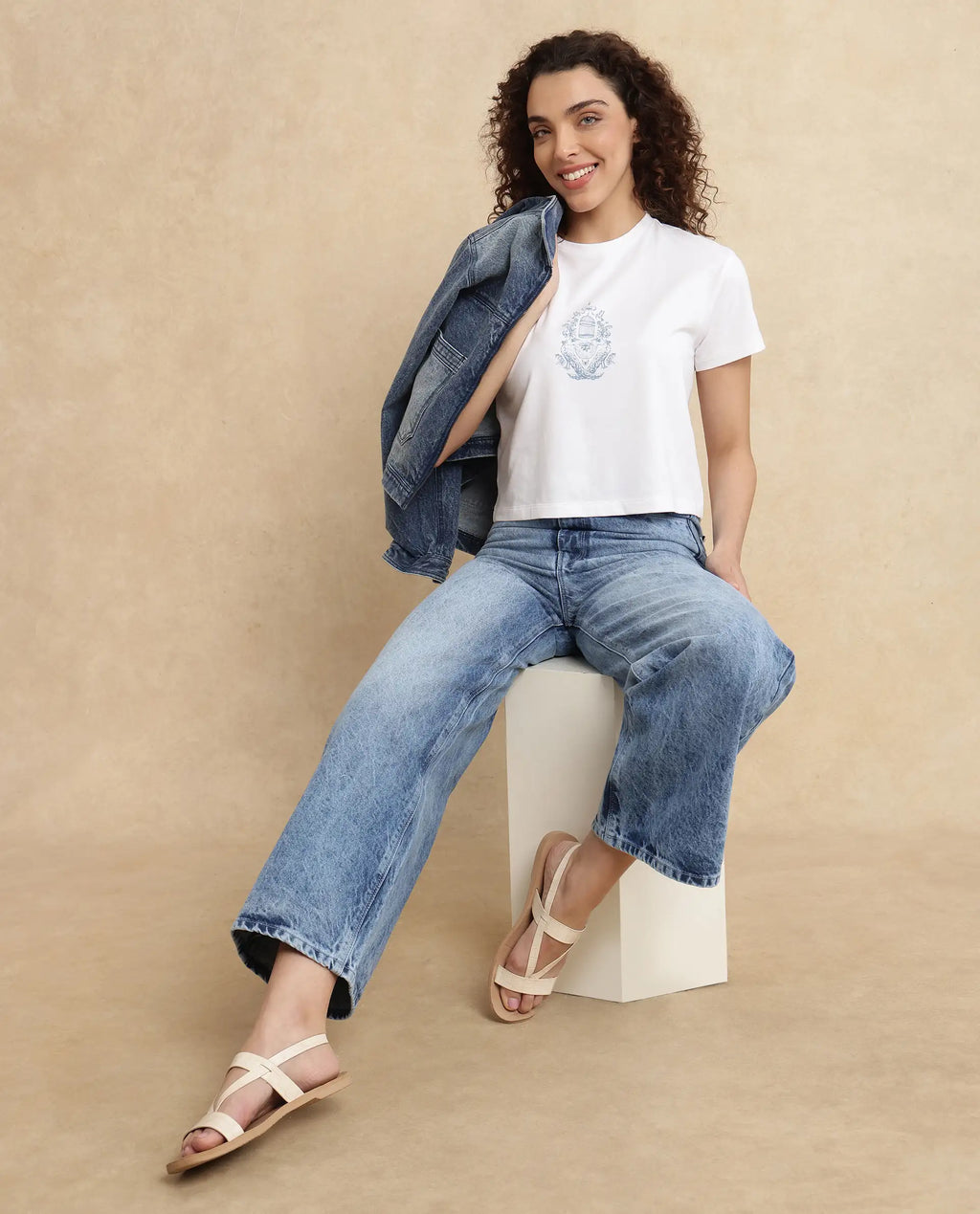 Rareism Women's Pref Blue Cotton Plain Ankle Length Effortless Wide Jeans