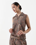 Rareism Women's Ronoro-T Multi Cotton Spread Collar Paisley Print Sleeveless Boxy Fit Top
