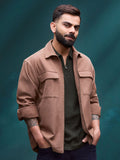 Men's casual front zipper double pocket shacket | Brown