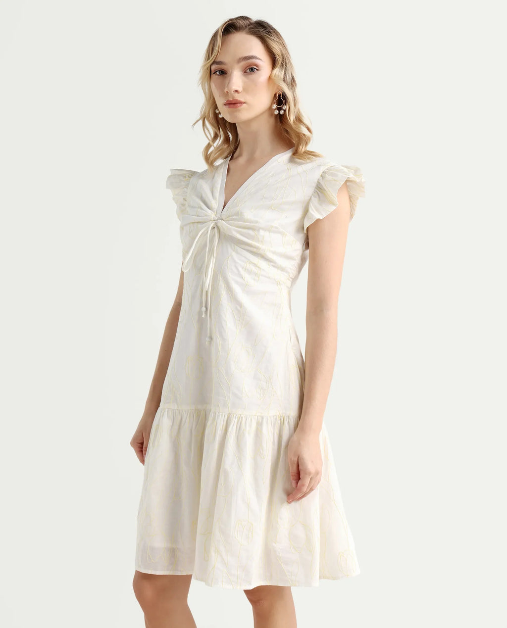 Rareism Women's Janarivi Off White Cotton V-Neck Embroidered Ruffled Sleeve Knee Length Fit And Flare Dress