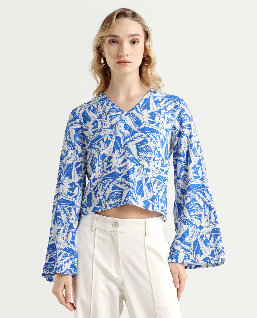 Rareism Women's Jankem Light Blue Viscose Overlap Neck Abstract Print Bell Sleeve Crop Regular Fit Top