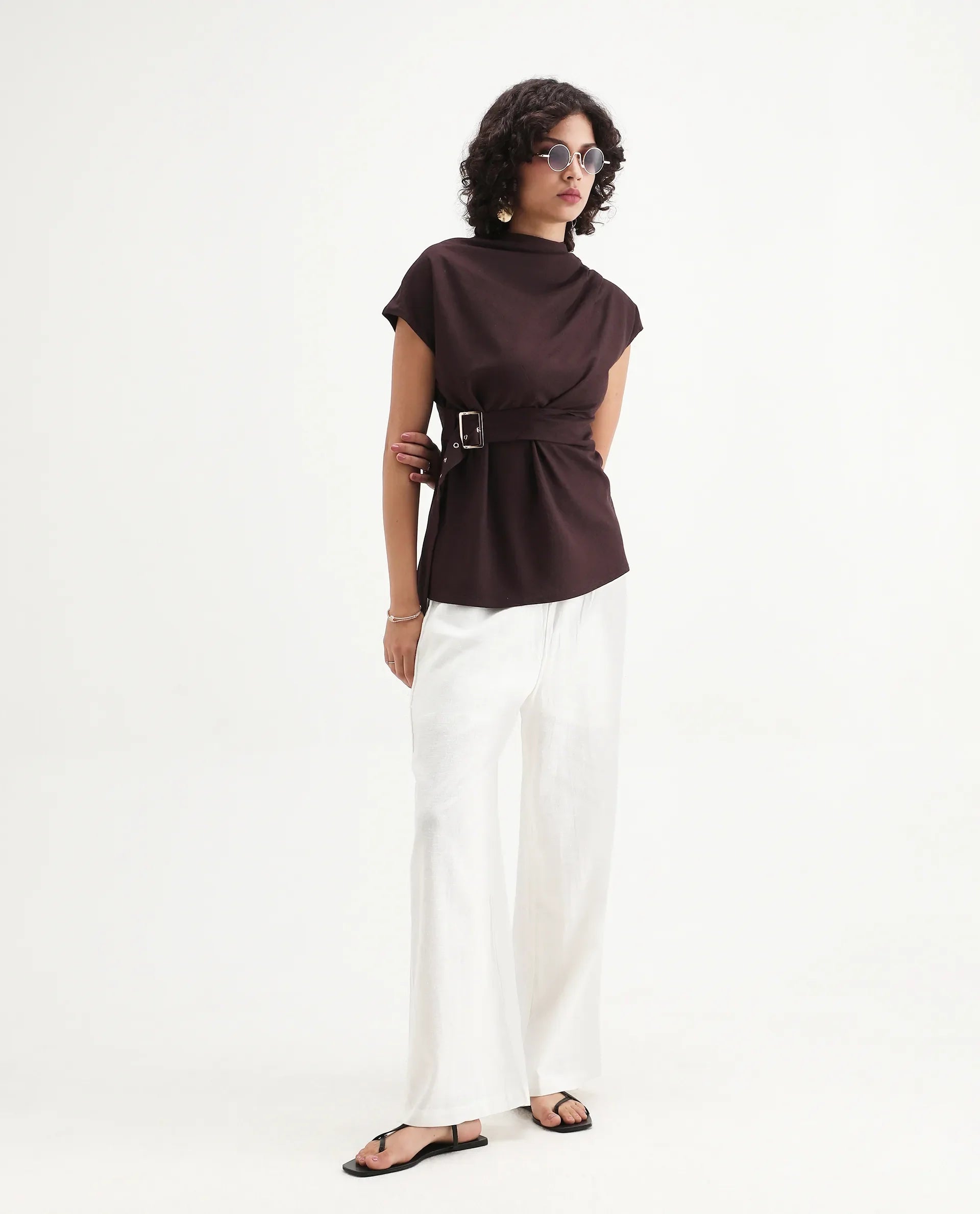 Rareism Women's Janry Beige Linen Plain Ankle Length Straight Fit Trouser