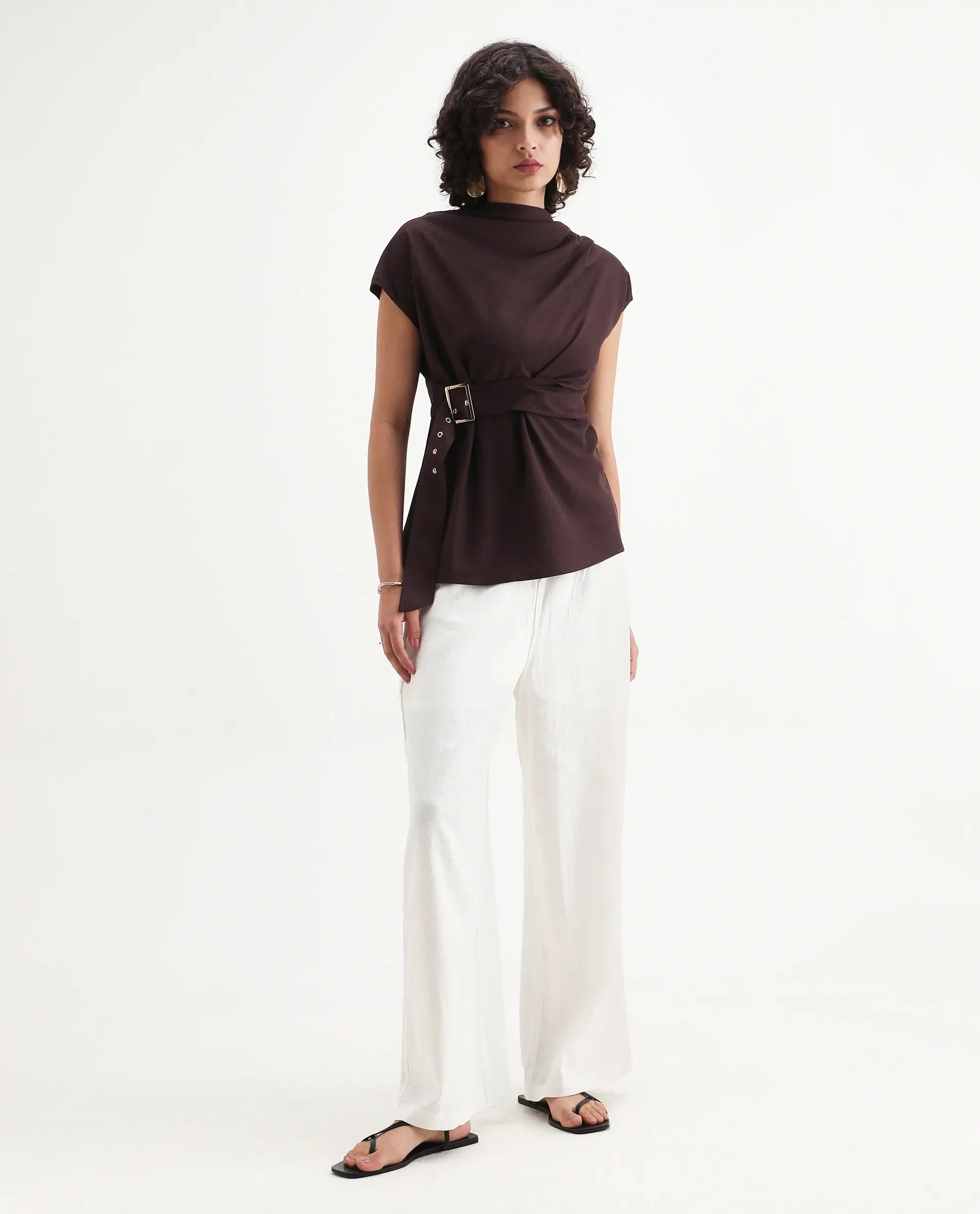 Rareism Women's Janry Beige Linen Plain Ankle Length Straight Fit Trouser