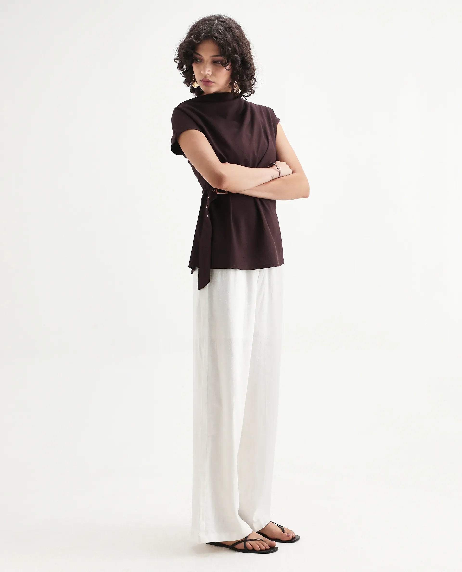Rareism Women's Janry Beige Linen Plain Ankle Length Straight Fit Trouser