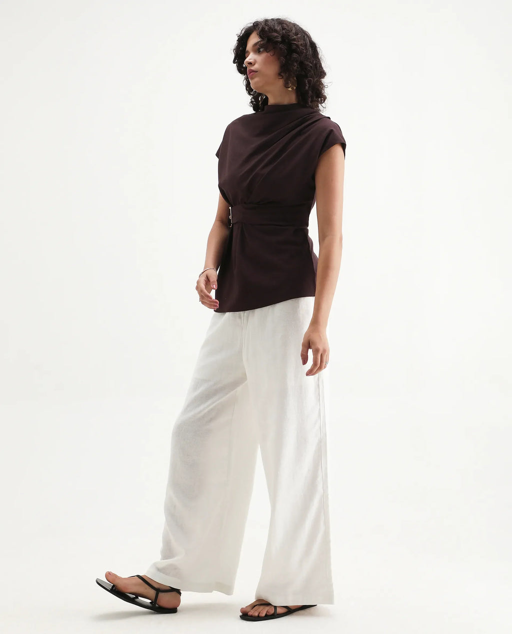 Rareism Women's Janry Beige Linen Plain Ankle Length Straight Fit Trouser