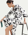 Rareism Women's Janzen Black Viscose Tie-Up Neck Floral Print Bell Sleeve Midi Straight Fit Dress