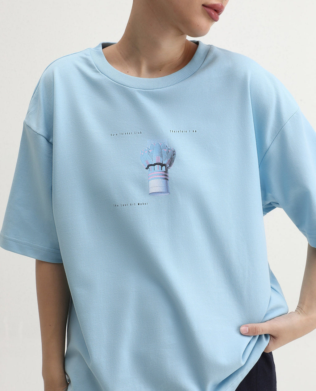 Rareism Women's Jinx Blue Cotton Graphic Print Oversized T-Shirt