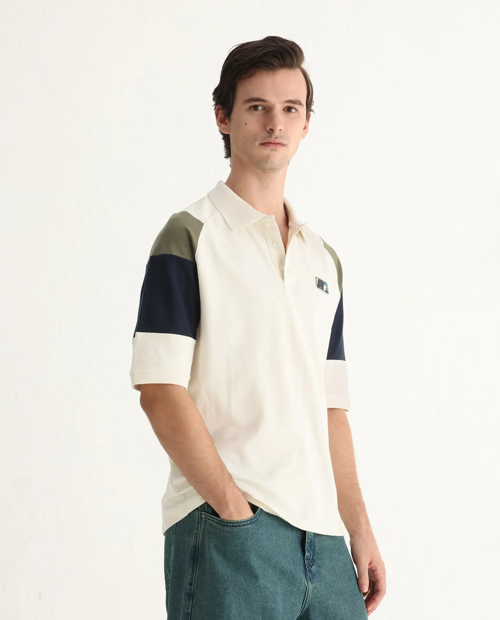 Rare Rabbit Men's Lucid Off White Cotton Blend Cut And Sew Relaxed Fit Half Sleeve Polo