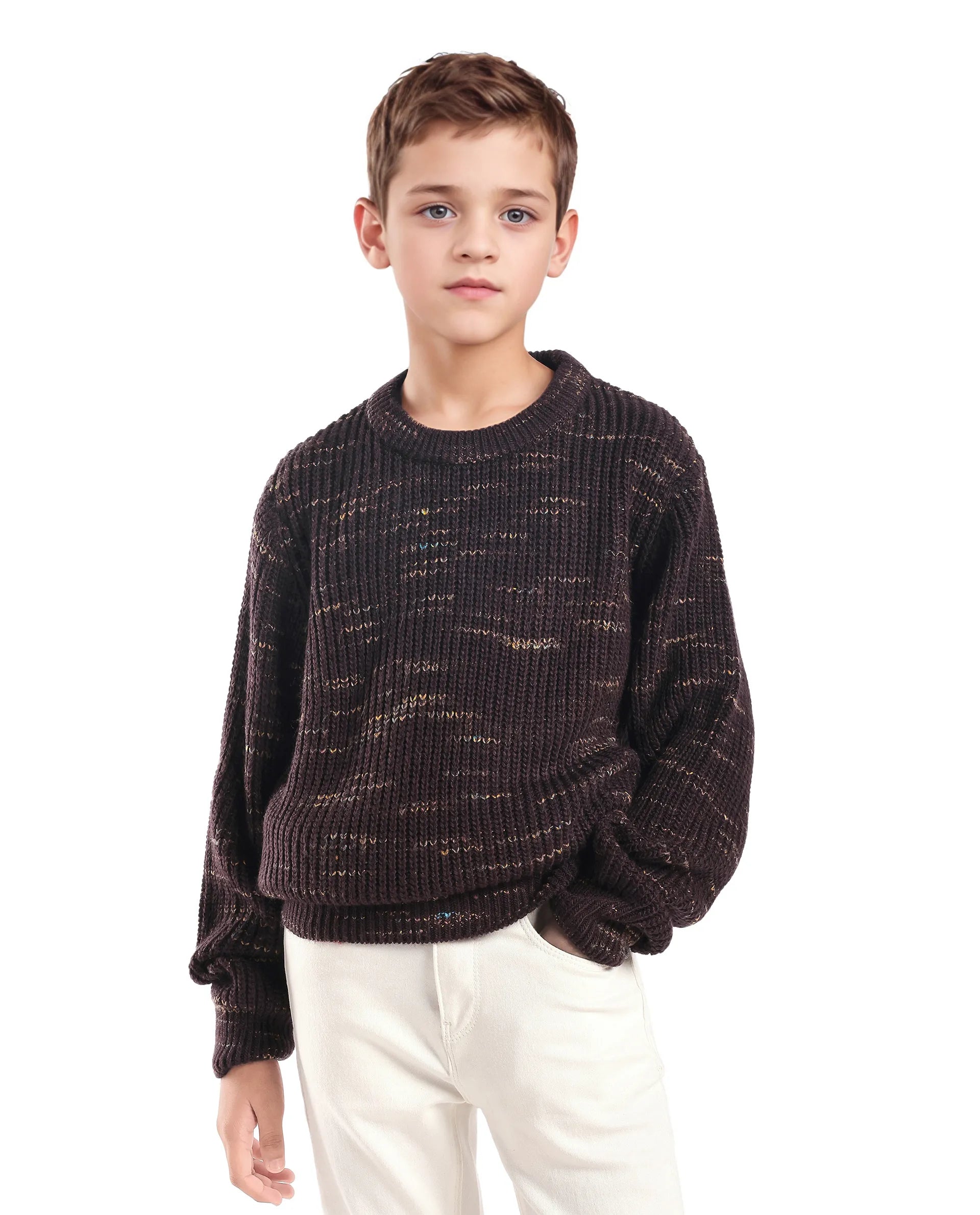 Rare Ones Kids Malto Brown Acrylic Solid Slip-On Closure Relaxed Fit Sweater