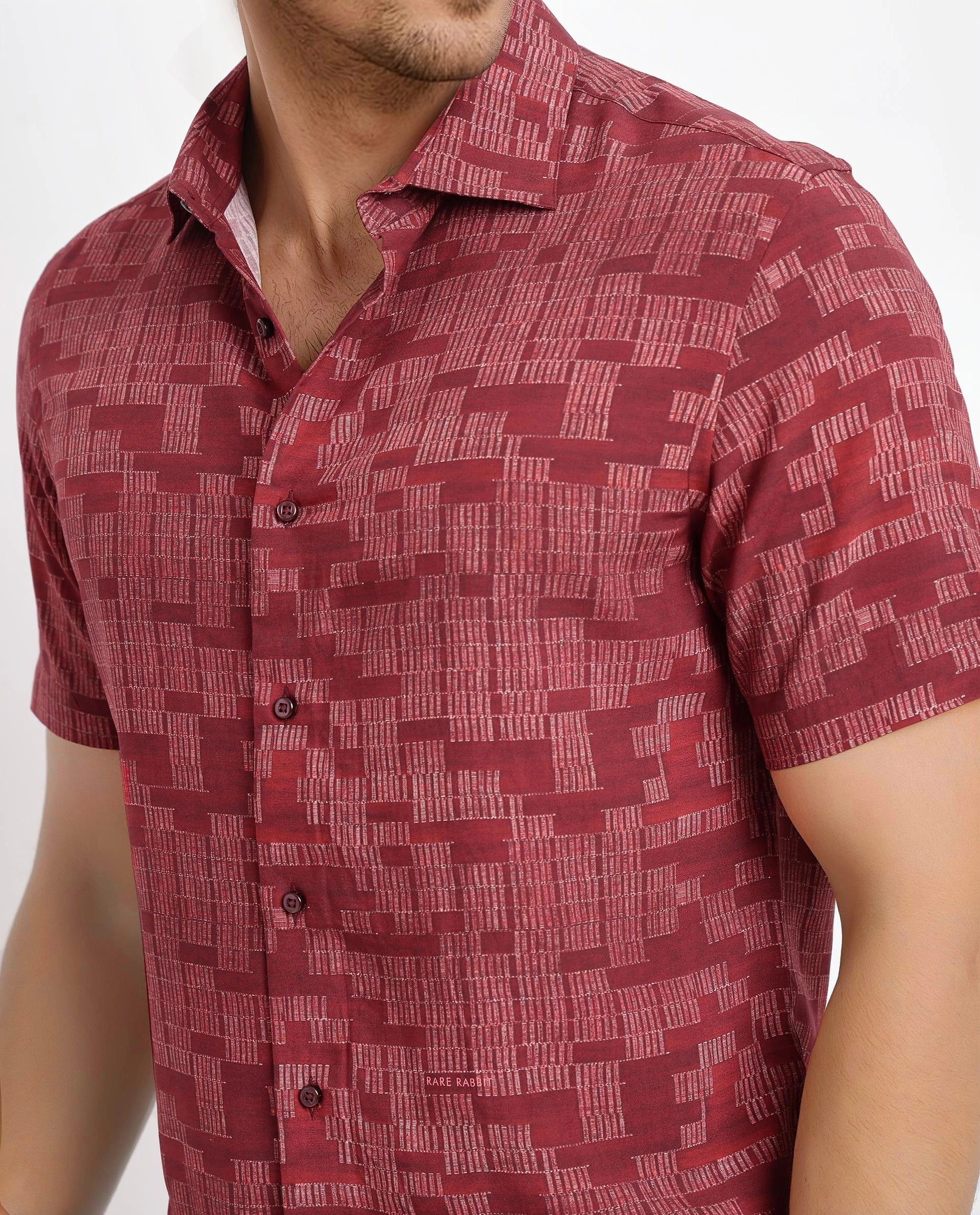 Rare Rabbit Men's Mitho Red Geometric Print Regular Fit Full Sleeve Collared Shirt