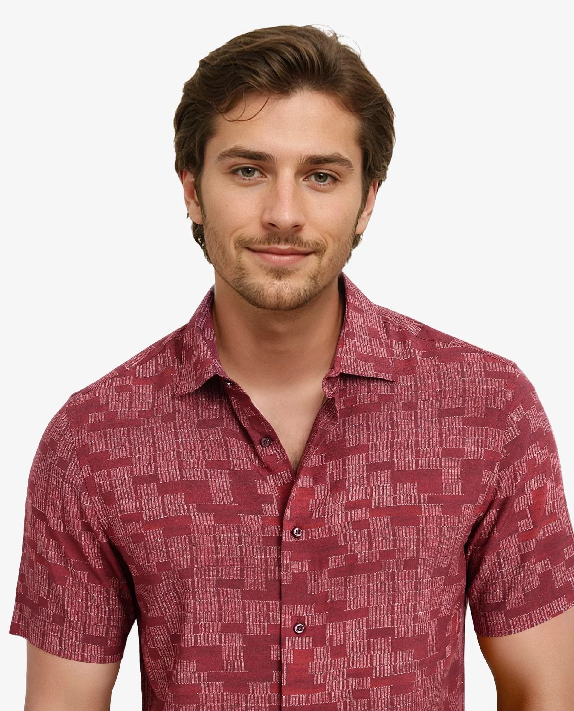Rare Rabbit Men's Mitho Red Geometric Print Regular Fit Full Sleeve Collared Shirt