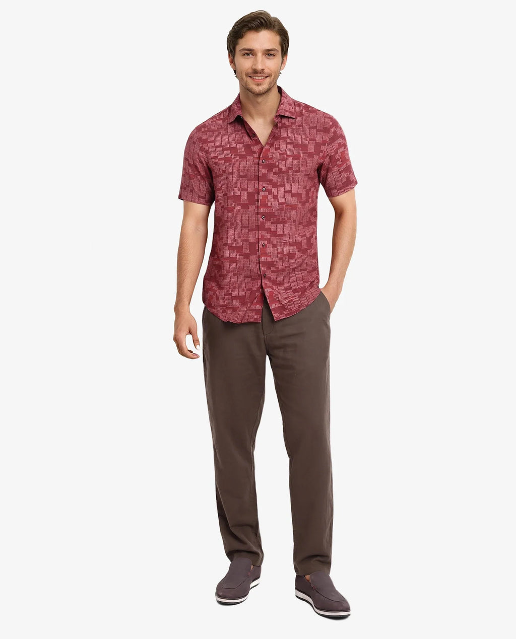 Rare Rabbit Men's Mitho Red Geometric Print Regular Fit Full Sleeve Collared Shirt