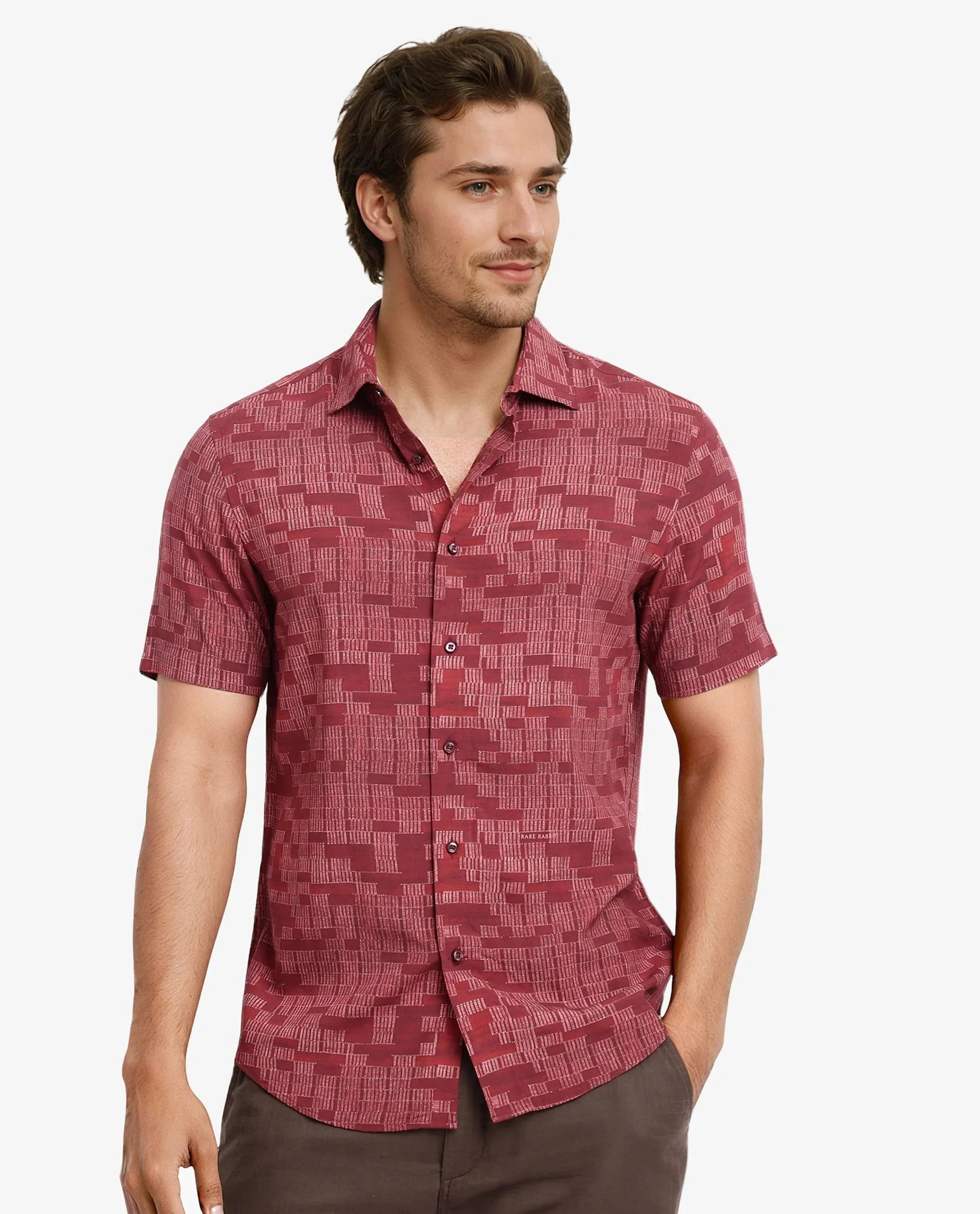 Rare Rabbit Men's Mitho Red Geometric Print Regular Fit Full Sleeve Collared Shirt