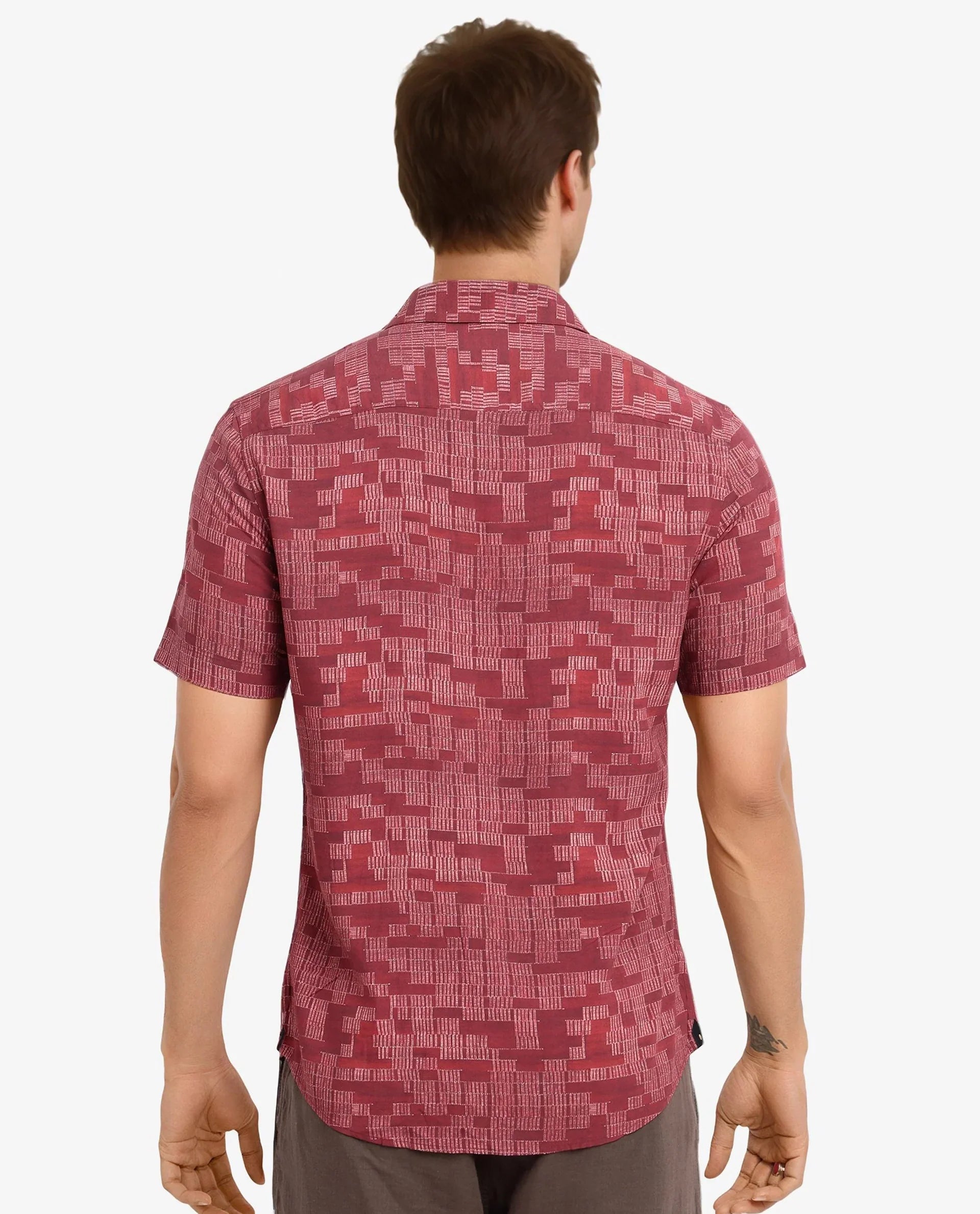 Rare Rabbit Men's Mitho Red Geometric Print Regular Fit Full Sleeve Collared Shirt