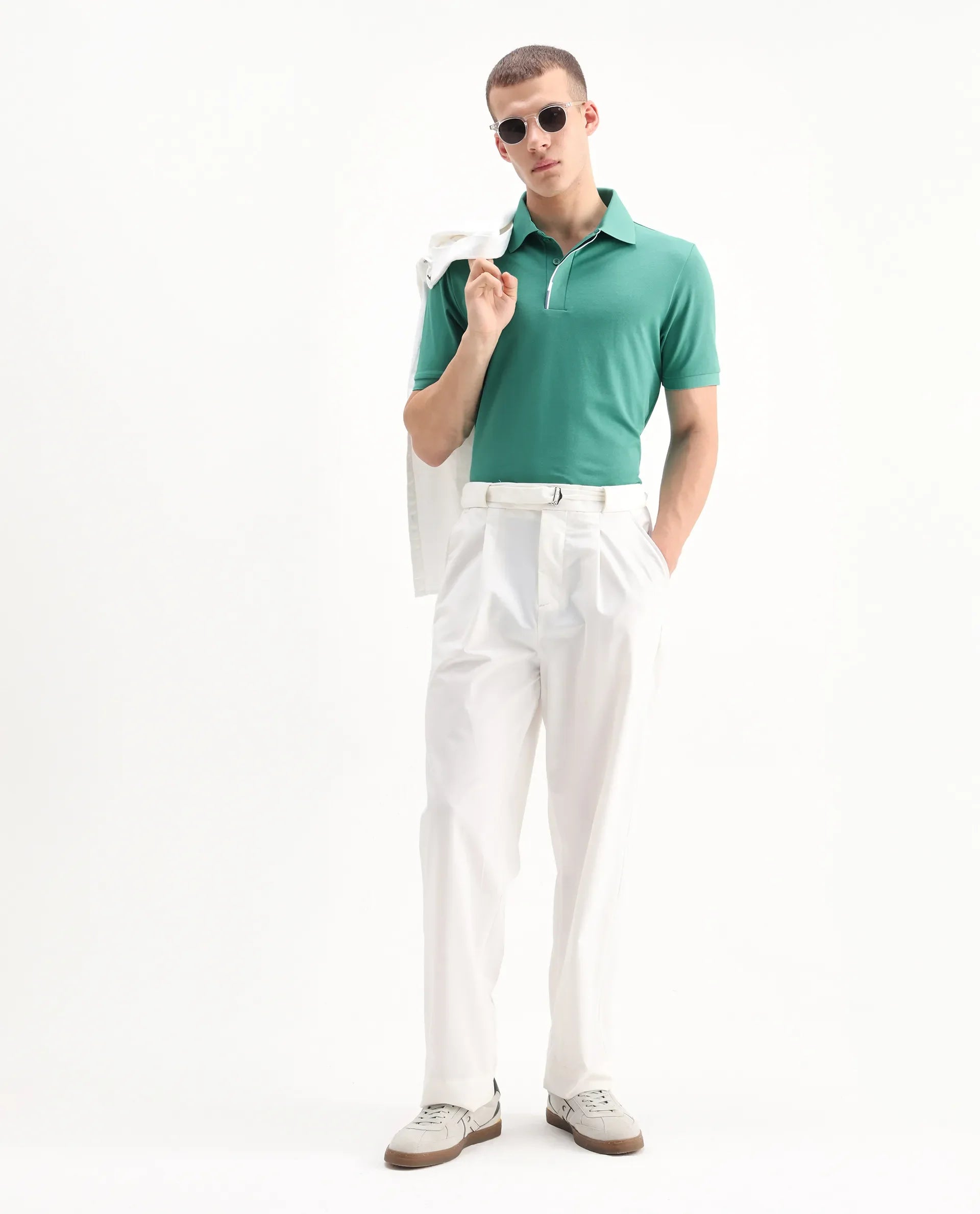 Rare Rabbit Men's Mor Light Green Cotton Blend Plain Regular Fit Half Sleeve Polo