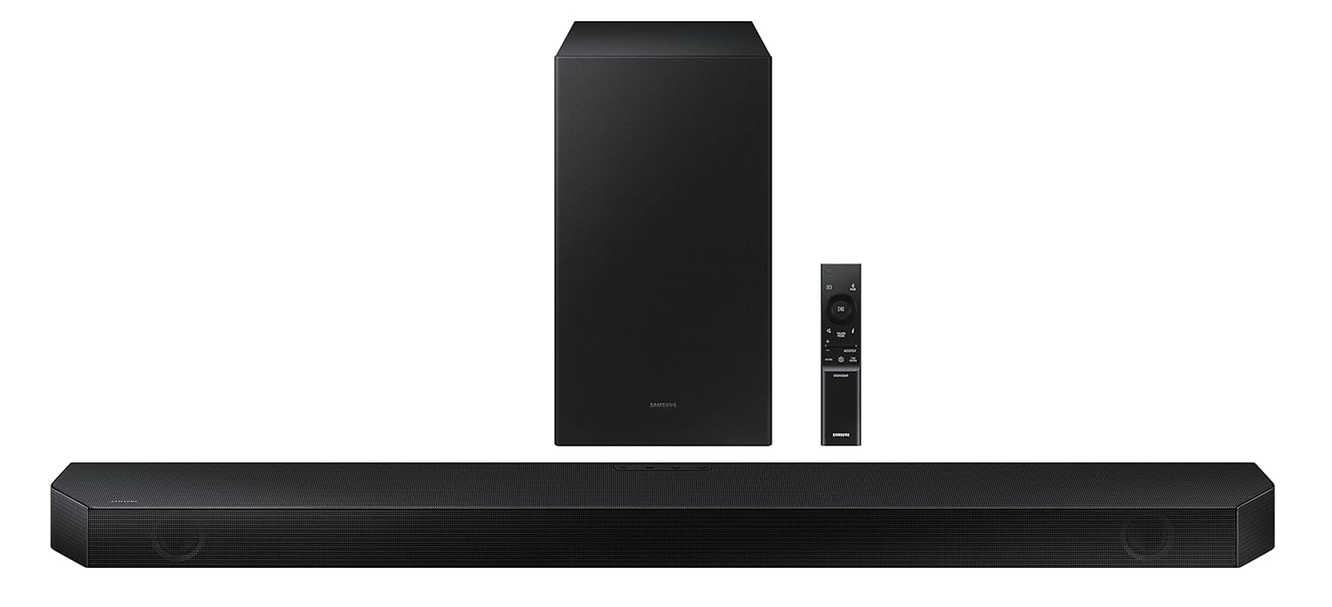 Samsung Q-Symphony Soundbar (HW-Q600B/XL), USB, Bluetooth with 3.1.2 Channel, Wireless Subwoofer, and 2 Up-Firing Speakers, Dolby Atmos Music (Black)