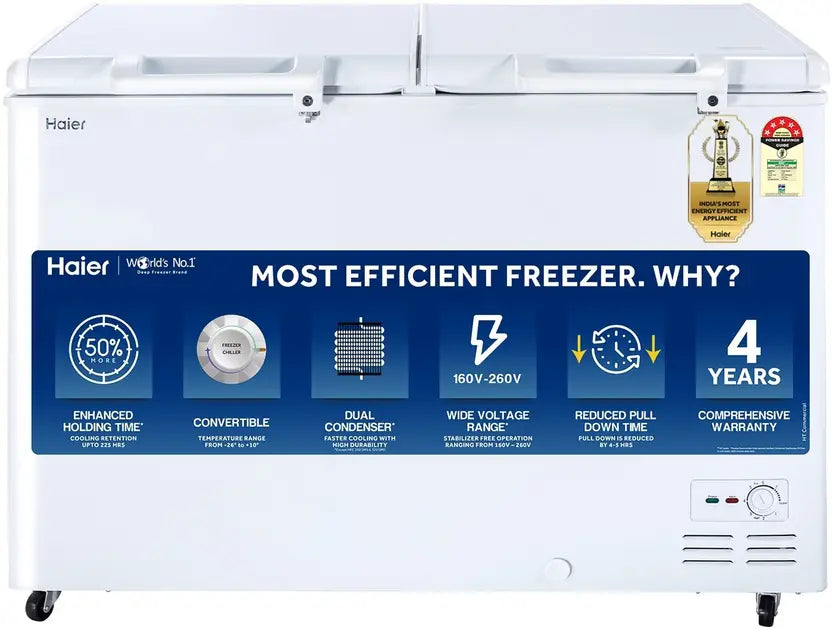 Haier 383 L Double Door Standard Deep Freezer  (White, HFC-400DM5, 5 Star)