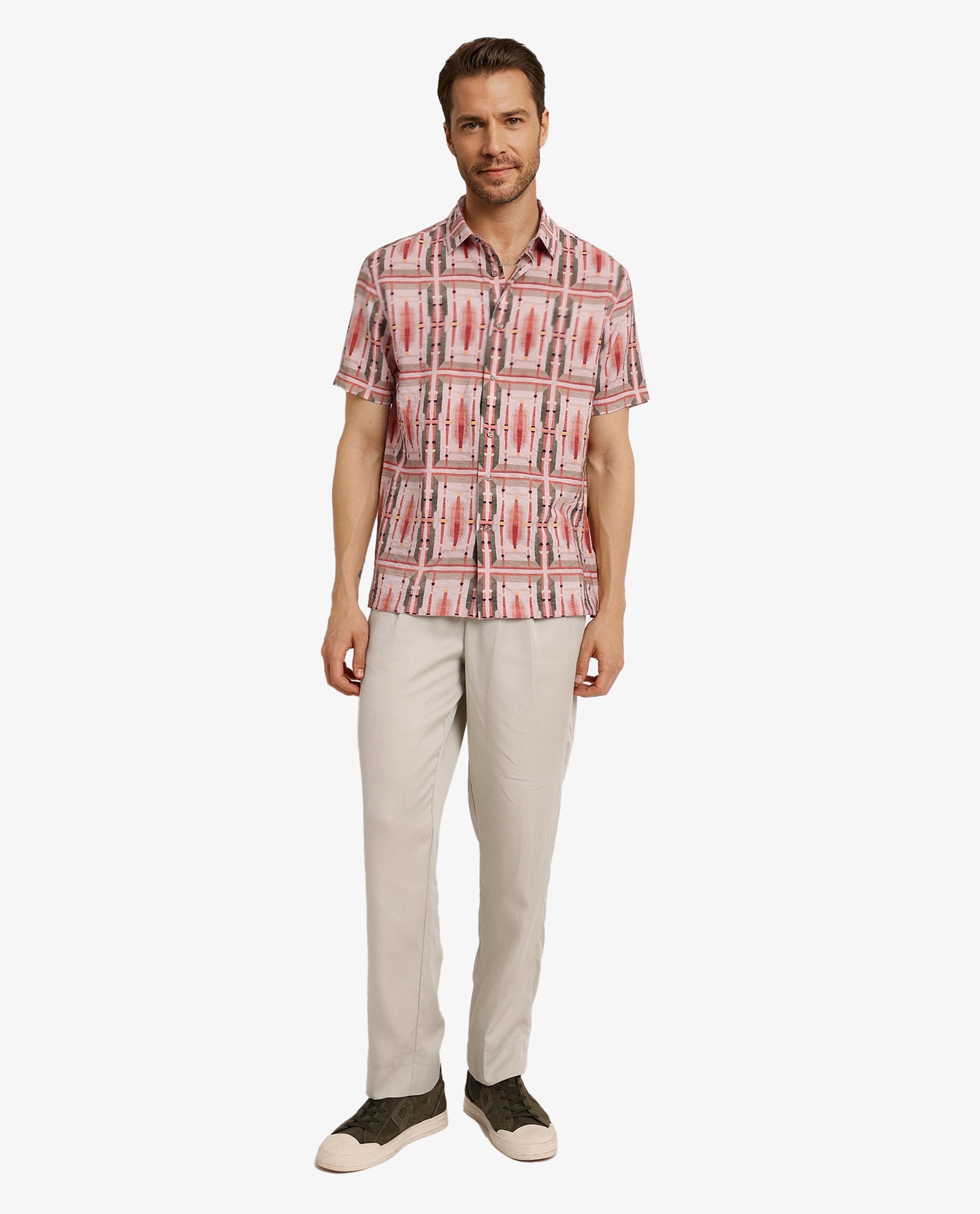 Rare Rabbit Men's Quill Beige Abstract Print Boxy Fit Half Sleeve Collared Shirt