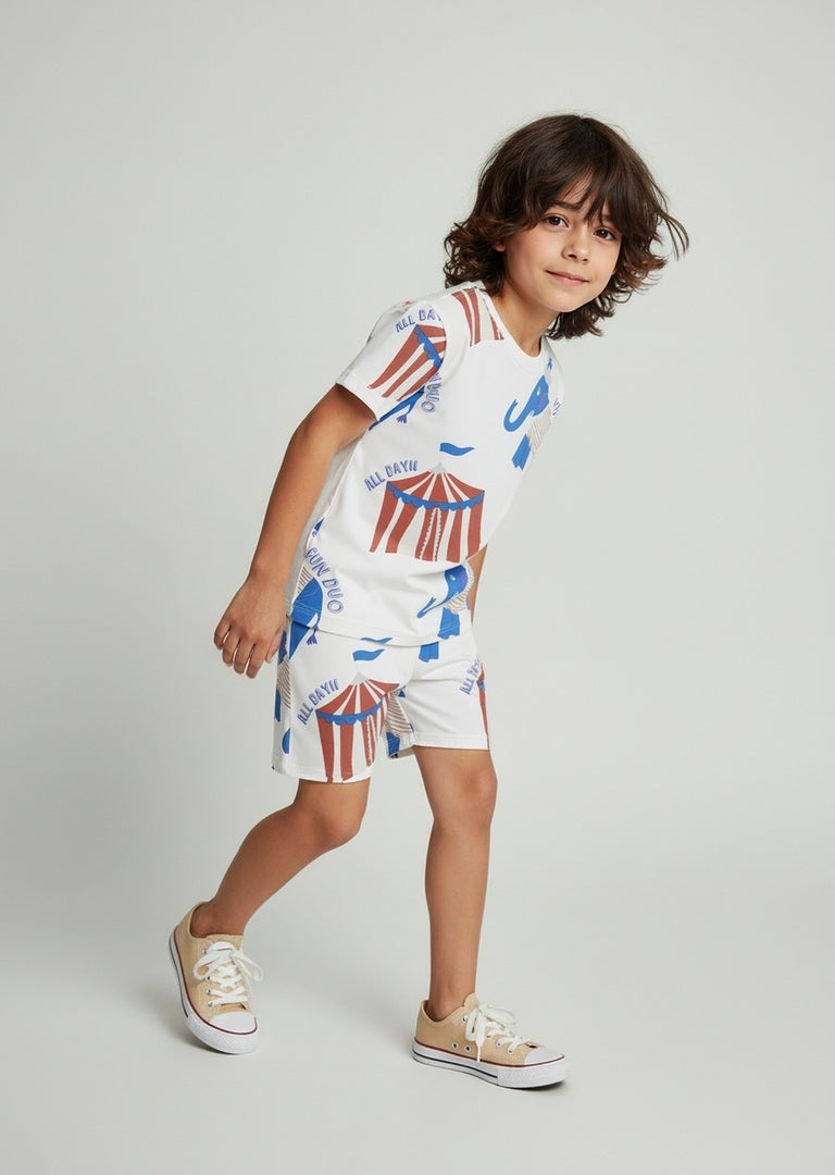HOP Kids White Circus-Themed Cotton T-Shirt and Shorts Set
