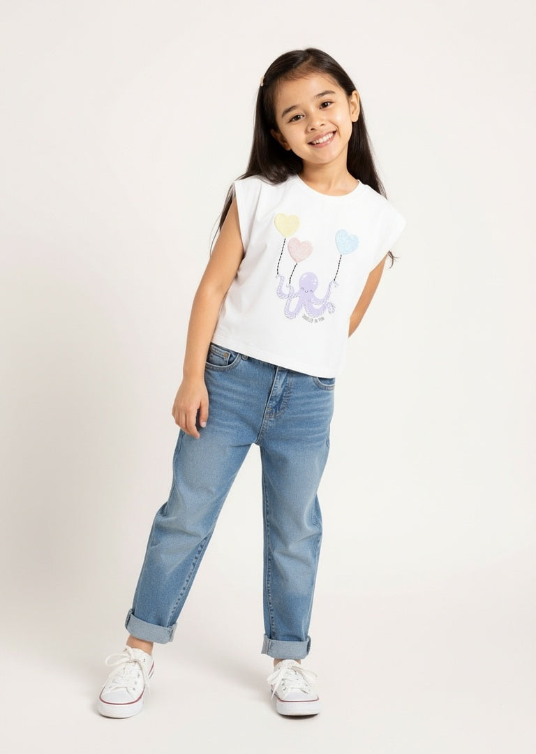 HOP Kids White Printed Cotton Top