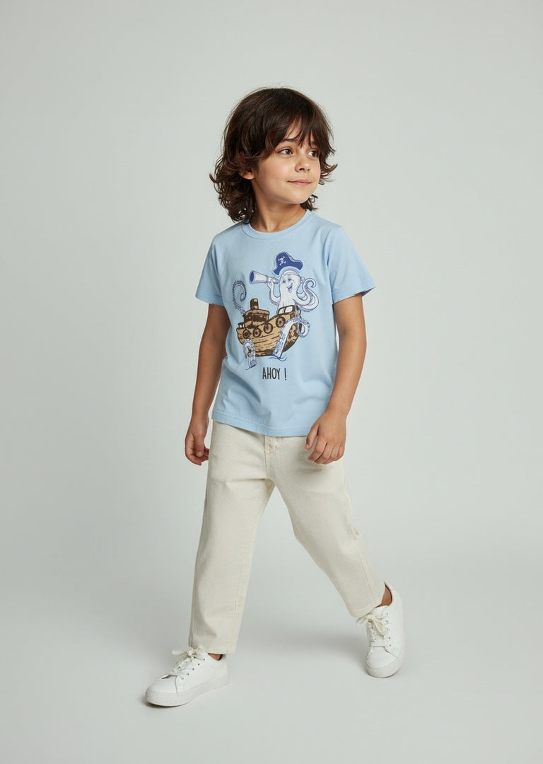 HOP Kids Light Blue Pirate-Themed Cotton T-Shirt