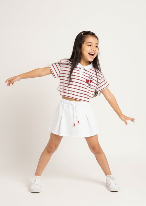 HOP Kids Red Striped Cotton Polo T-Shirt with Skirt Set