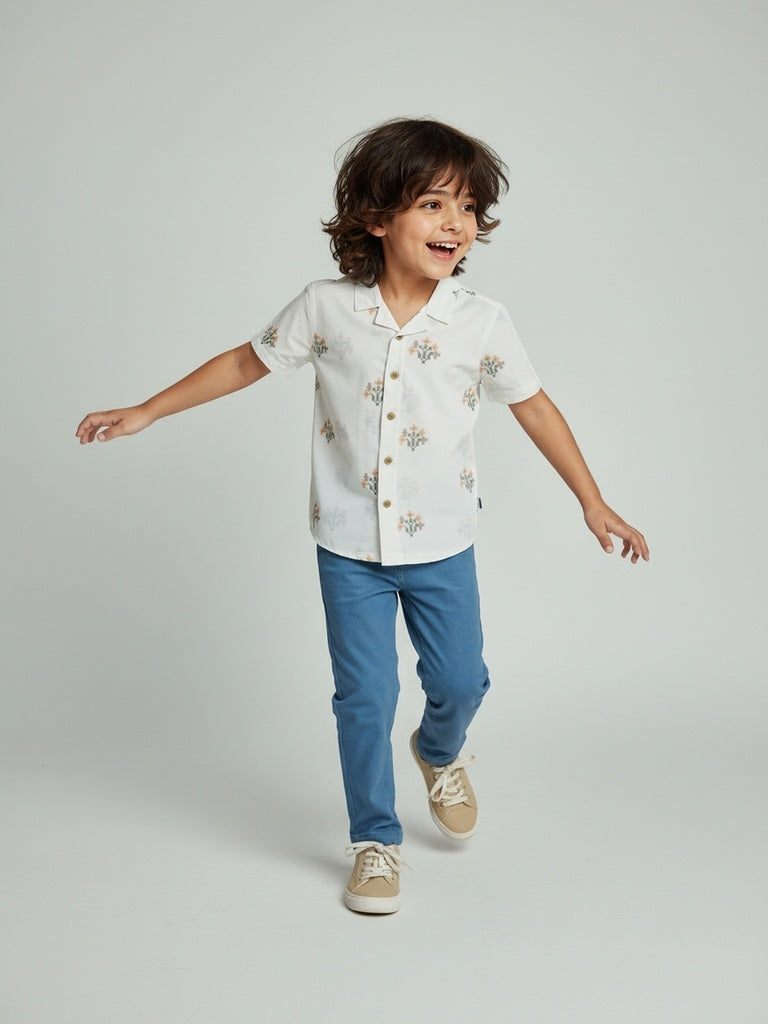 HOP Kids White Floral Embroidered Cotton Shirt