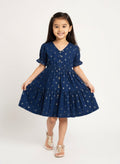 Utsa Kids Dark Blue Badla Pattern Fit-and-Flare Cotton-Blend Dress - (2-8yrs)