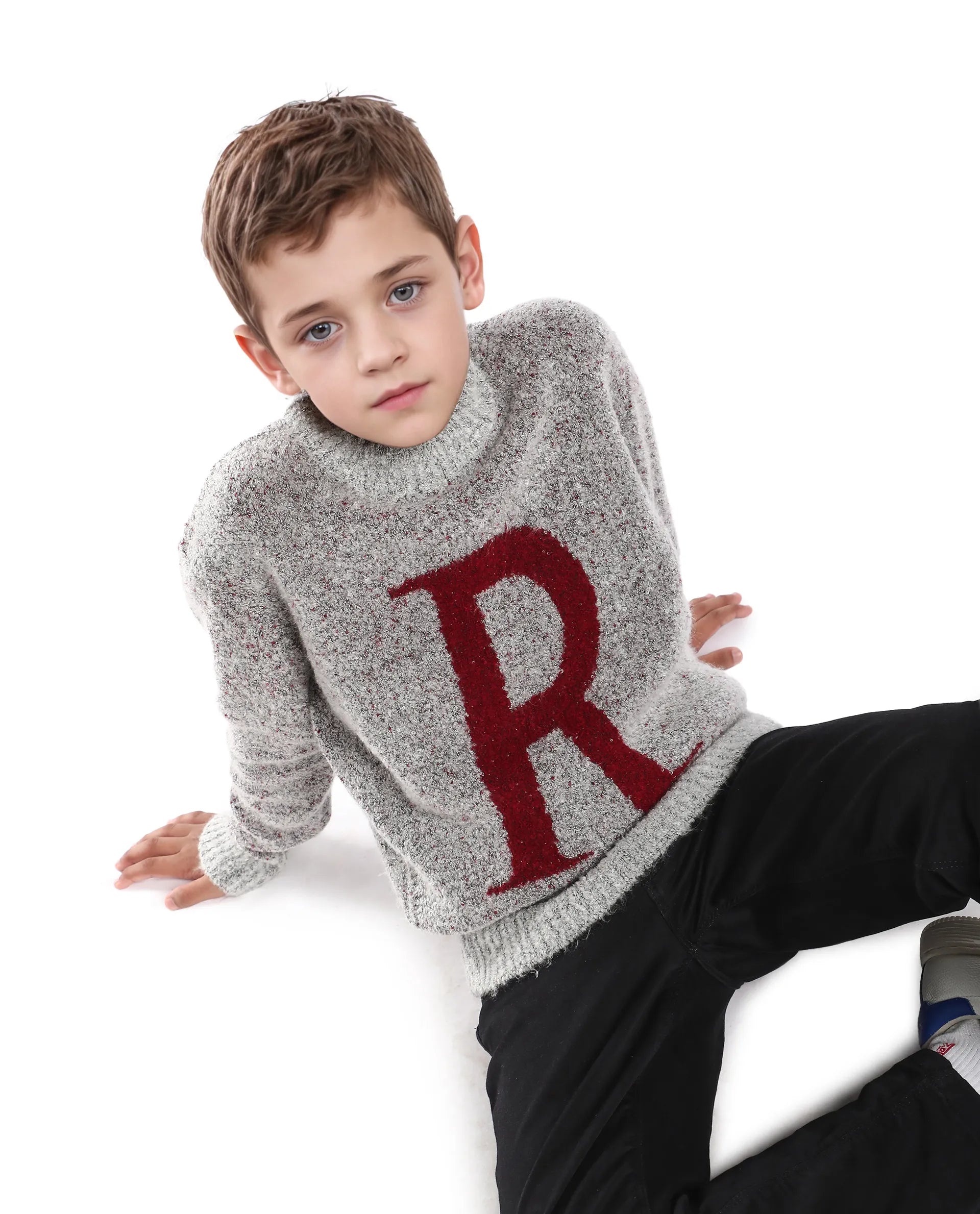 Rare Ones Kids Raz Grey Acrylic Blend Monogram Print Pull On Closure Regular Fit Sweater