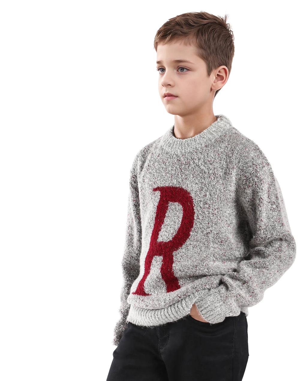 Rare Ones Kids Raz Grey Acrylic Blend Monogram Print Pull On Closure Regular Fit Sweater