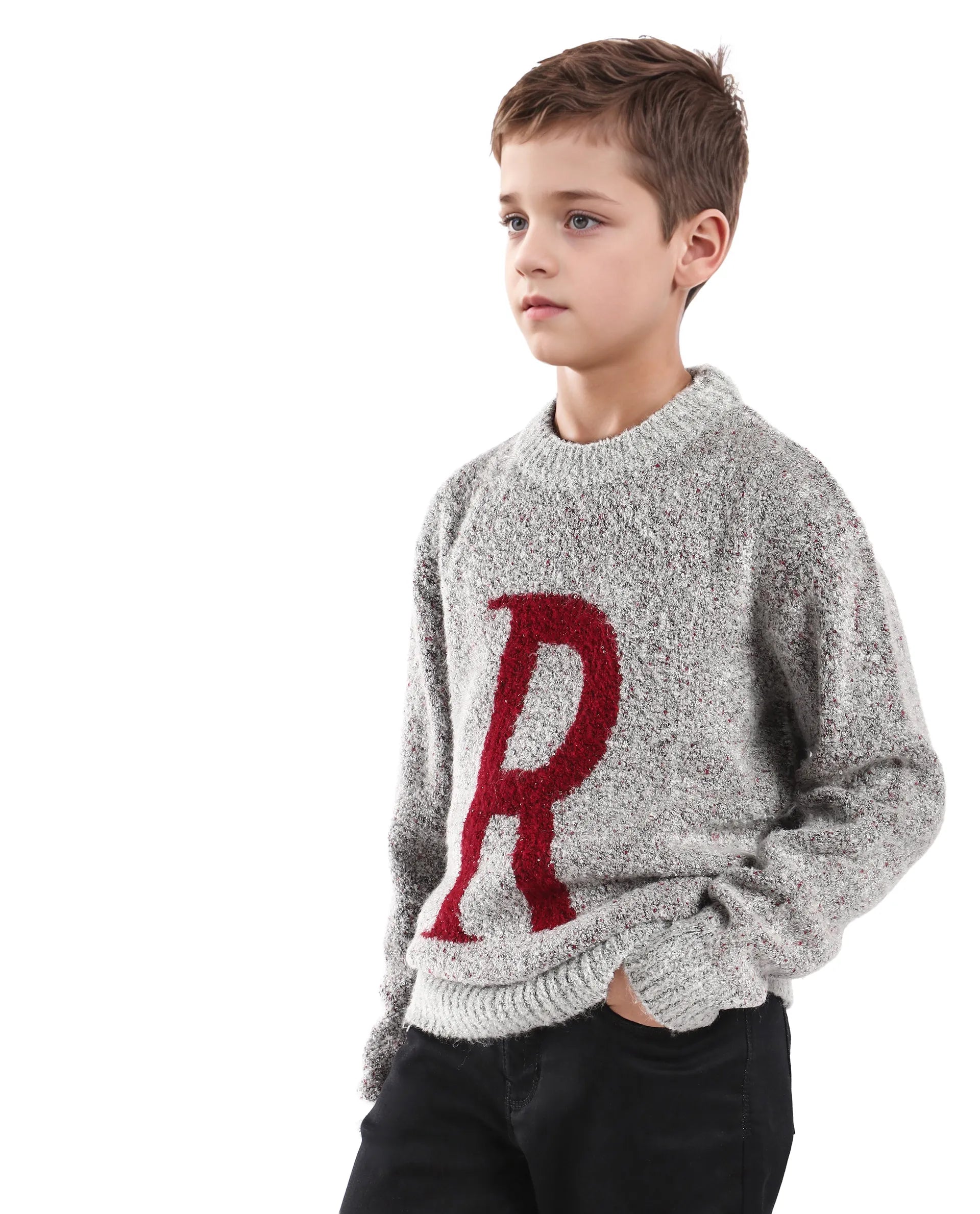 Rare Ones Kids Raz Grey Acrylic Blend Monogram Print Pull On Closure Regular Fit Sweater