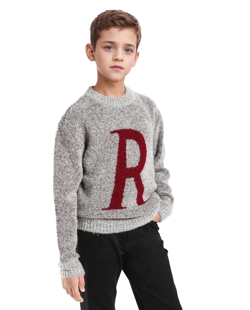 Rare Ones Kids Raz Grey Acrylic Blend Monogram Print Pull On Closure Regular Fit Sweater